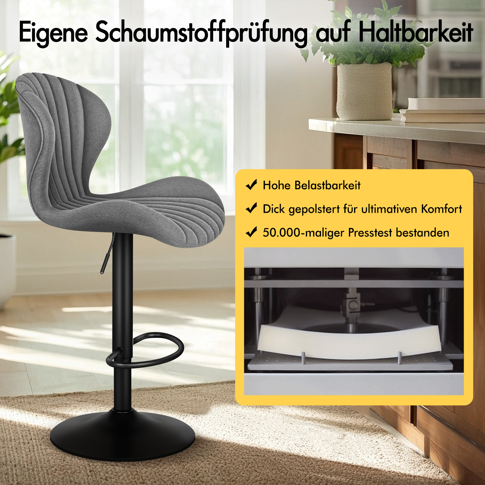 Grauer Barhocker mit Rillen und ein Schaumstoff-Testgerät.