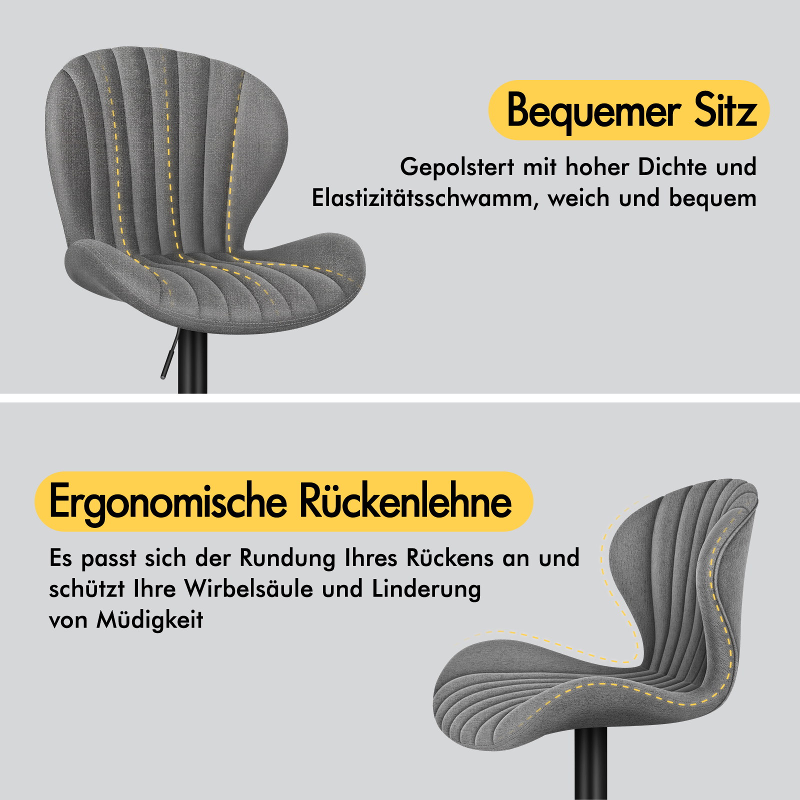 Grauer Stuhl mit gepolstertem Sitz und Rückenlehne, für Komfort.
