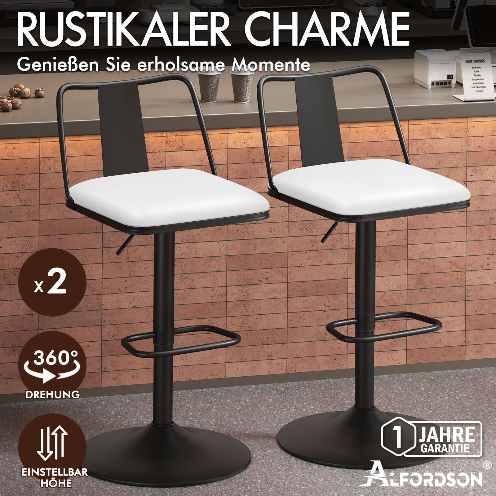 Zwei schwarze Barhocker mit weißen Sitzflächen stehen vor einer Ziegelwand.