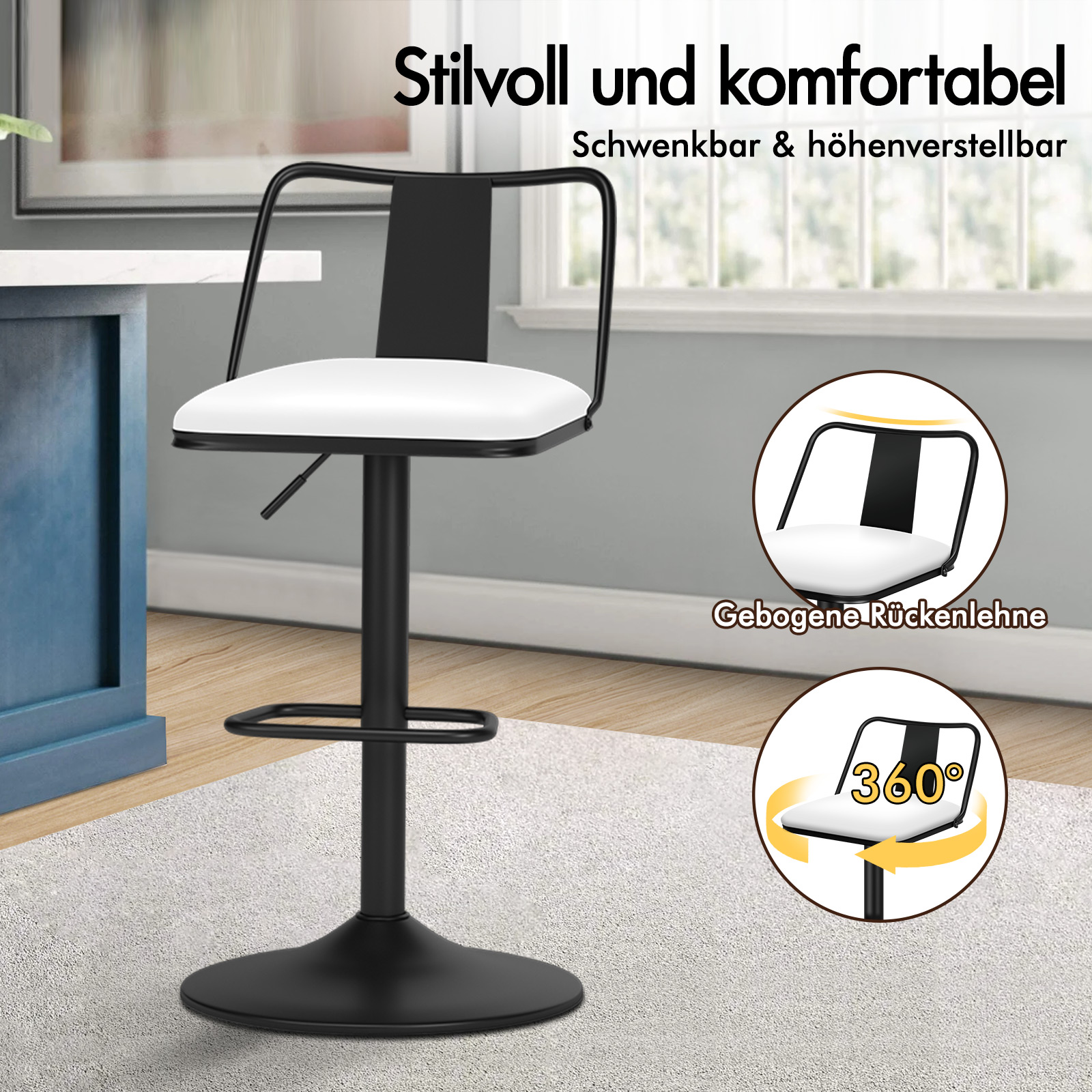 Schwarzer Hocker mit weißem Sitz und verstellbarer Höhe.