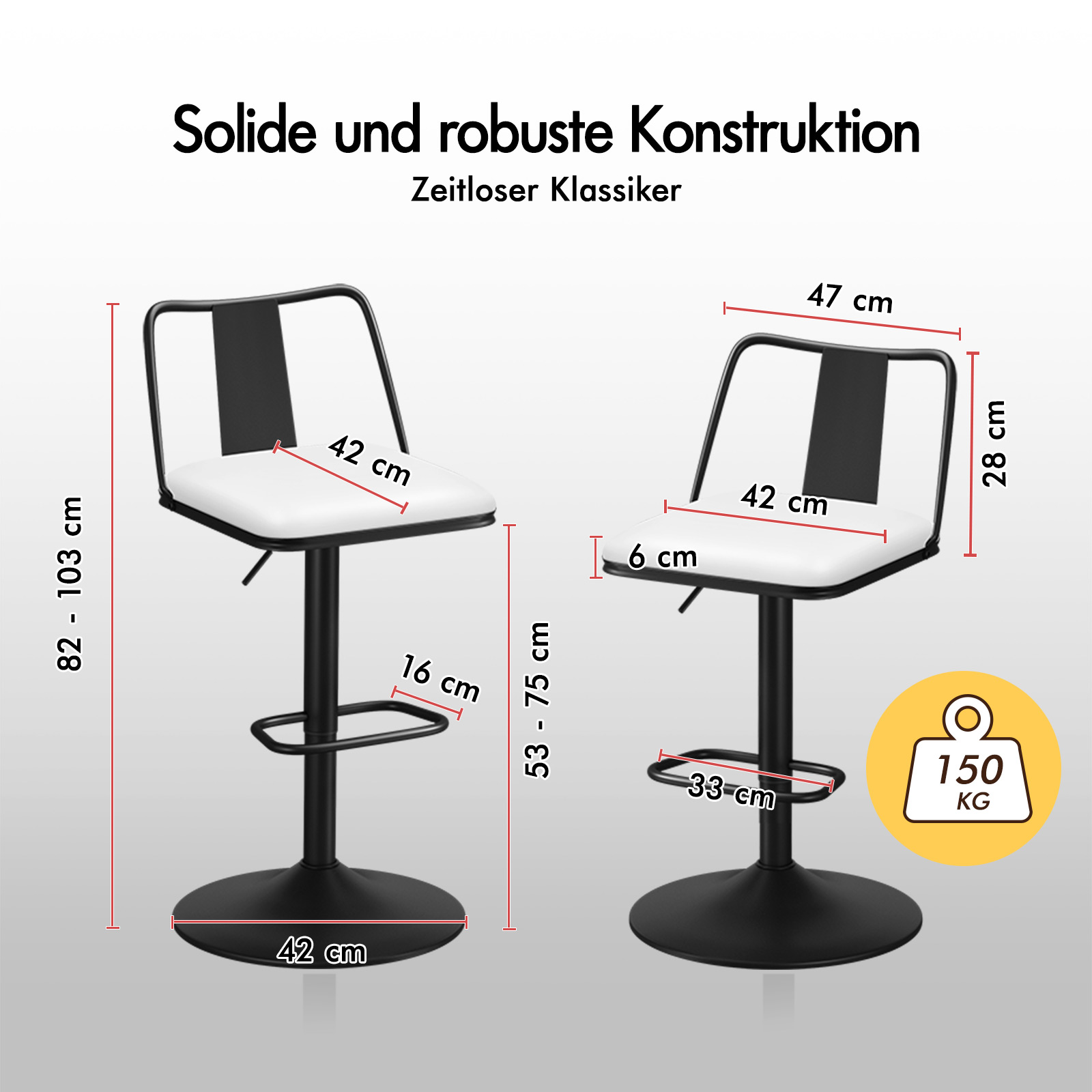 Zwei weiße Barhocker mit schwarzem Metallgestell und Maßen.