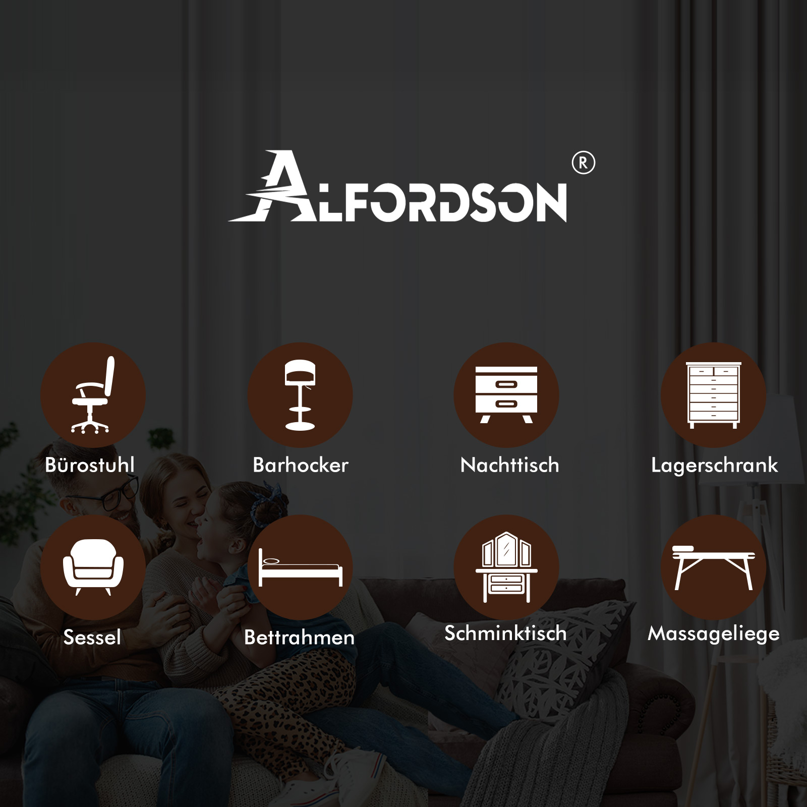 Markenlogo mit Möbel-Icons: Bürostuhl, Barhocker, Nachttisch, Lagerschrank, Sessel, Bettrahmen, Schminktisch, Massageliege.
