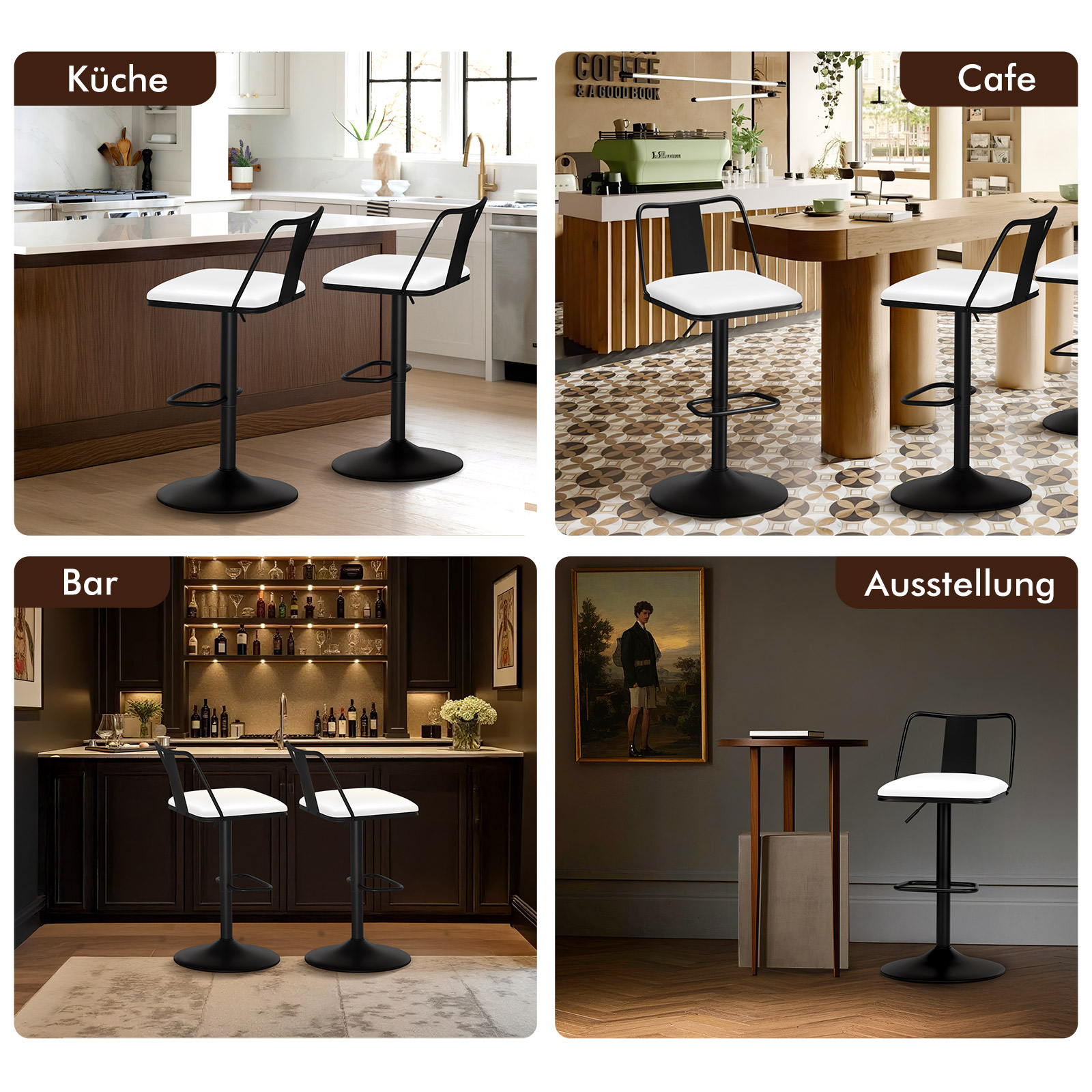 Vier Szenen zeigen schwarze Barhocker mit weißen Sitzflächen in Küche, Café, Bar und Ausstellung.