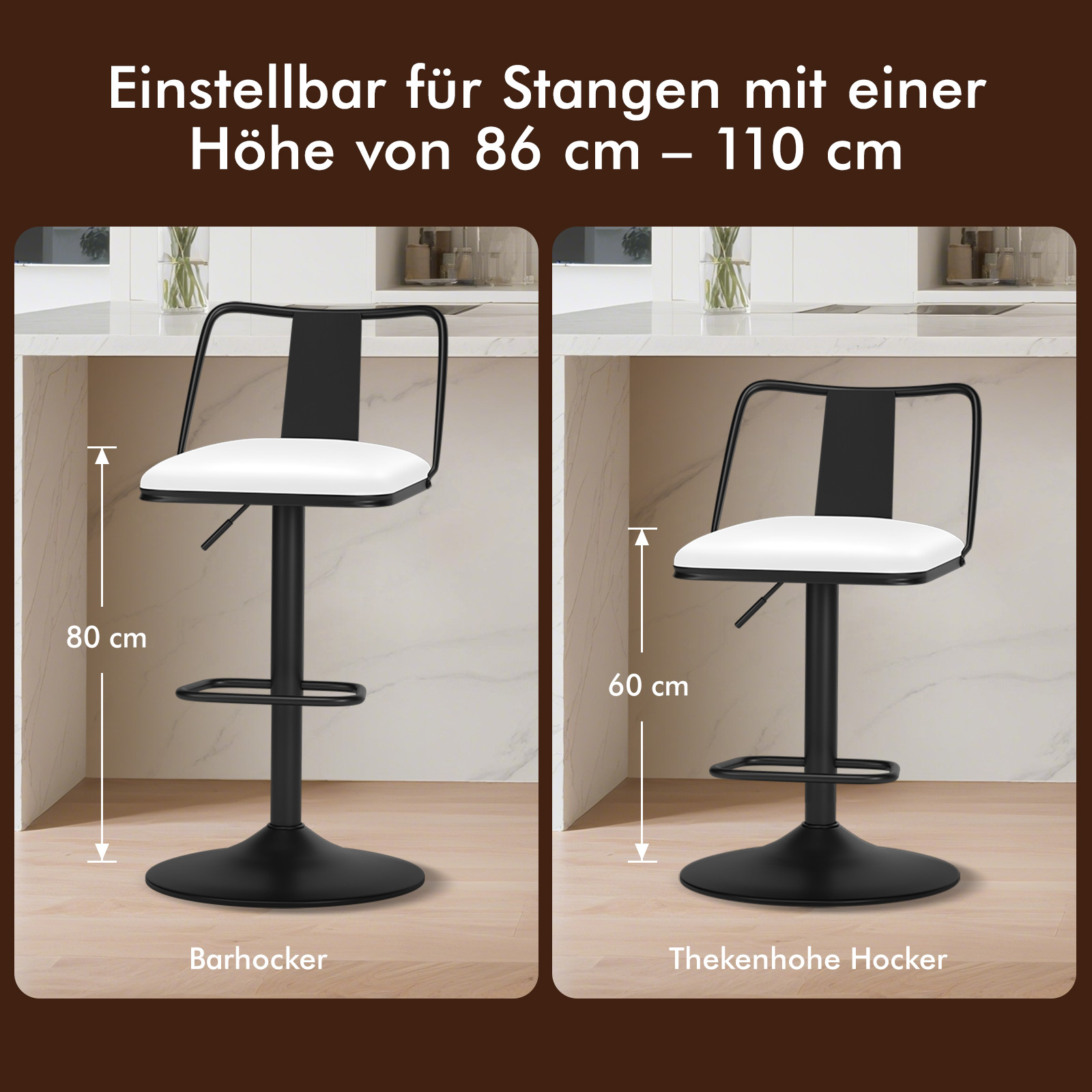Zwei schwarze Hocker mit weißen Sitzflächen in einer Küche. Verstellbare Höhe.