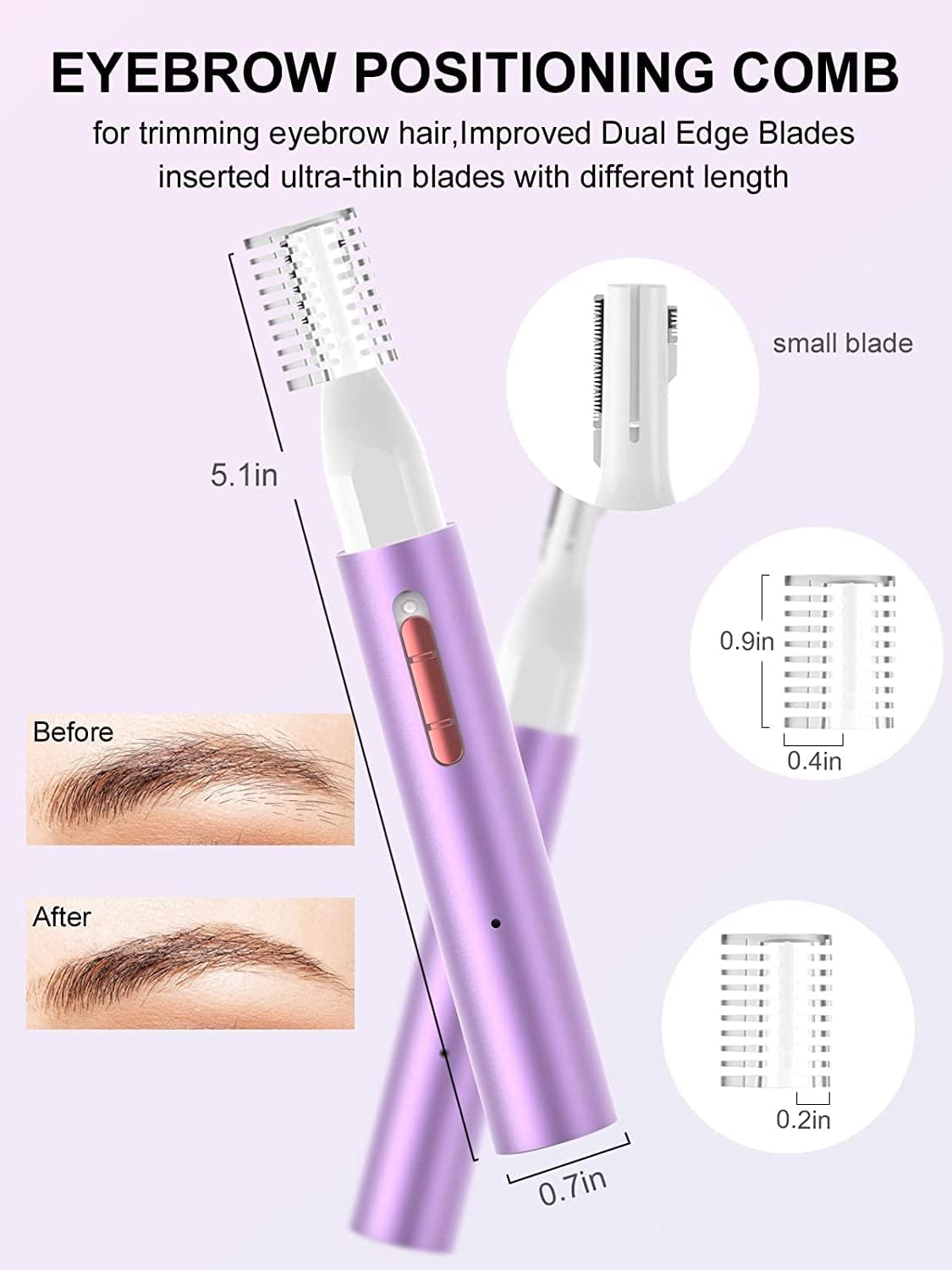 Lila Augenbrauen-Trimmer mit Vorher-Nachher-Bildern und Größenangaben.