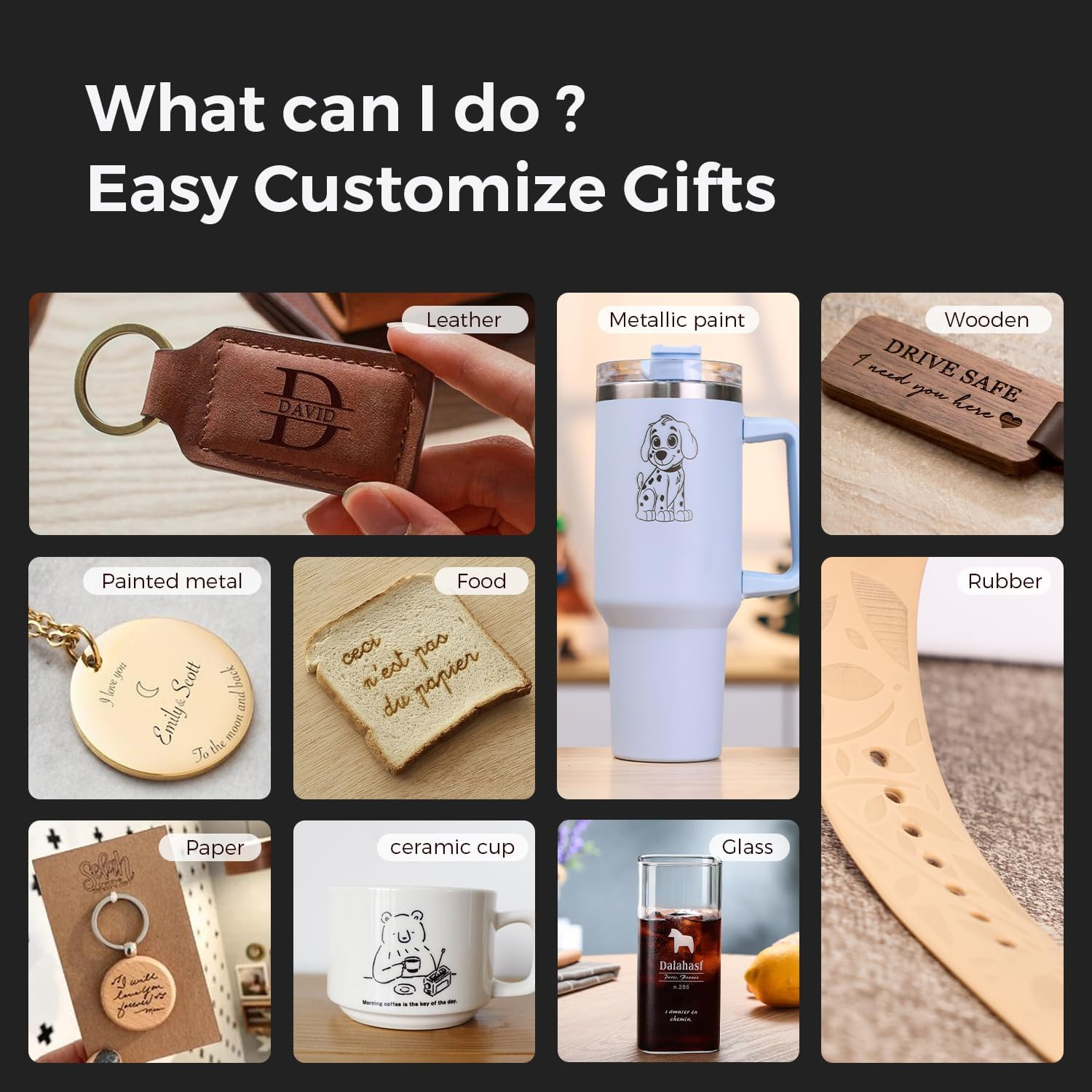 Collage personalisierbarer Geschenke: Leder-Schlüsselanhänger, Metallbecher, Holzanhänger, Metallanhänger, Toast, Papier-Schlüsselanhänger, Keramiktasse, Glas, Gummiband.