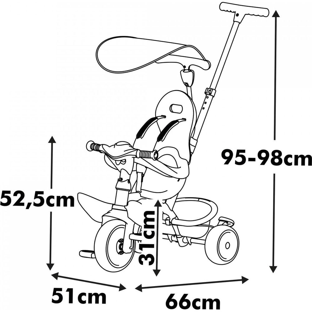 Disegno tecnico di un triciclo per bambini con dimensioni e intervalli di regolazione.