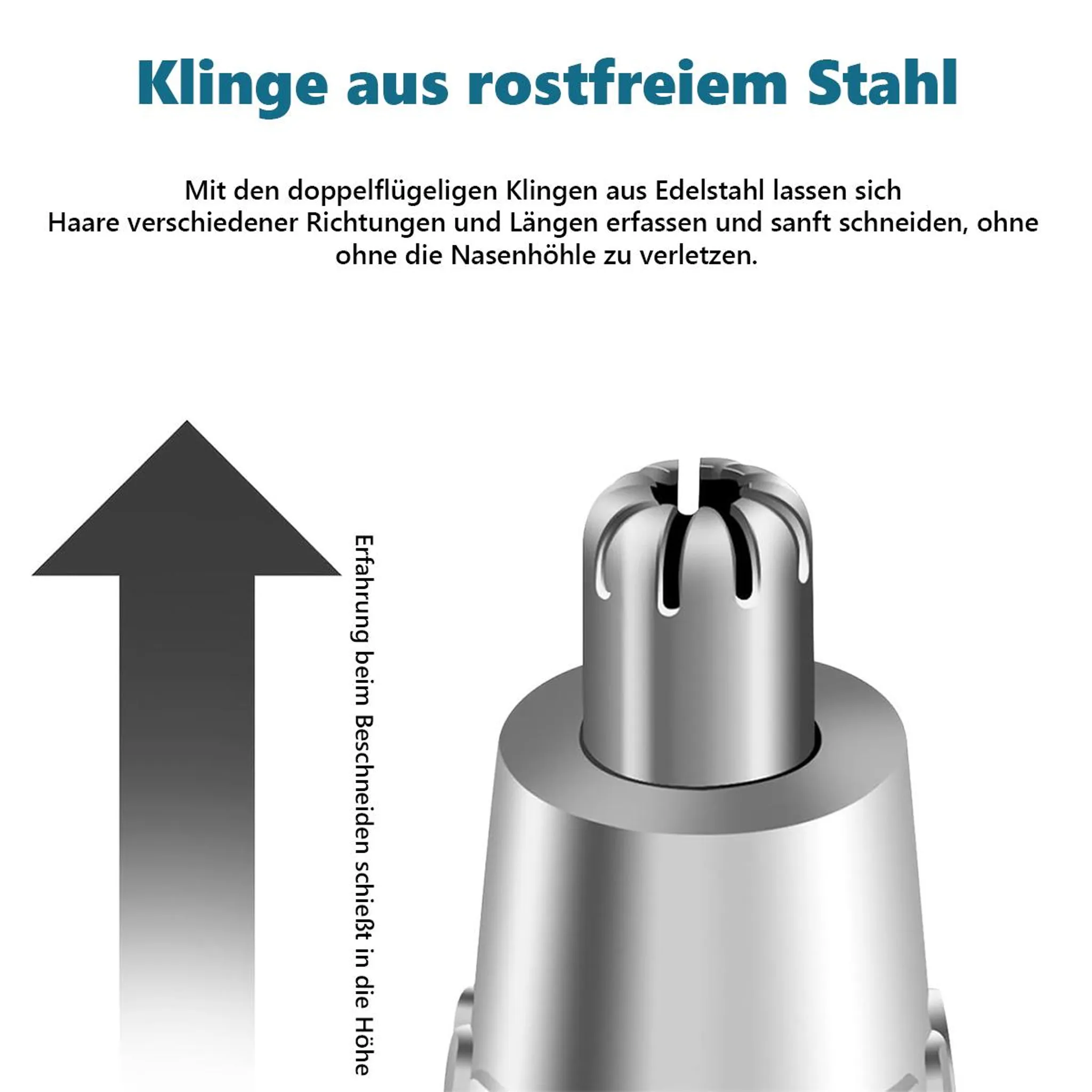 Nahaufnahme eines Edelstahl-Nasentrimmerkopfs mit einem Pfeil, der nach oben zeigt.