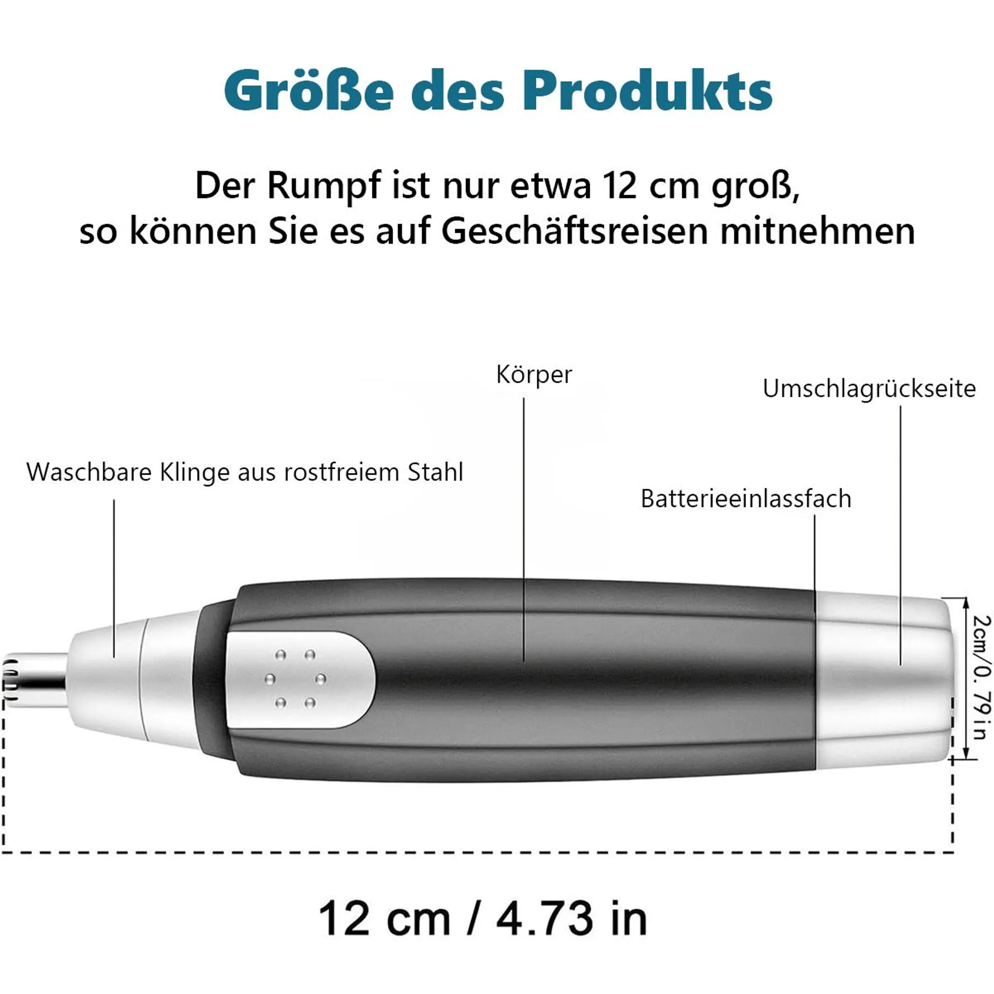 Ein Nasentrimmer mit Metallklinge, 12cm lang, mit Batterieklappe und Maßen.