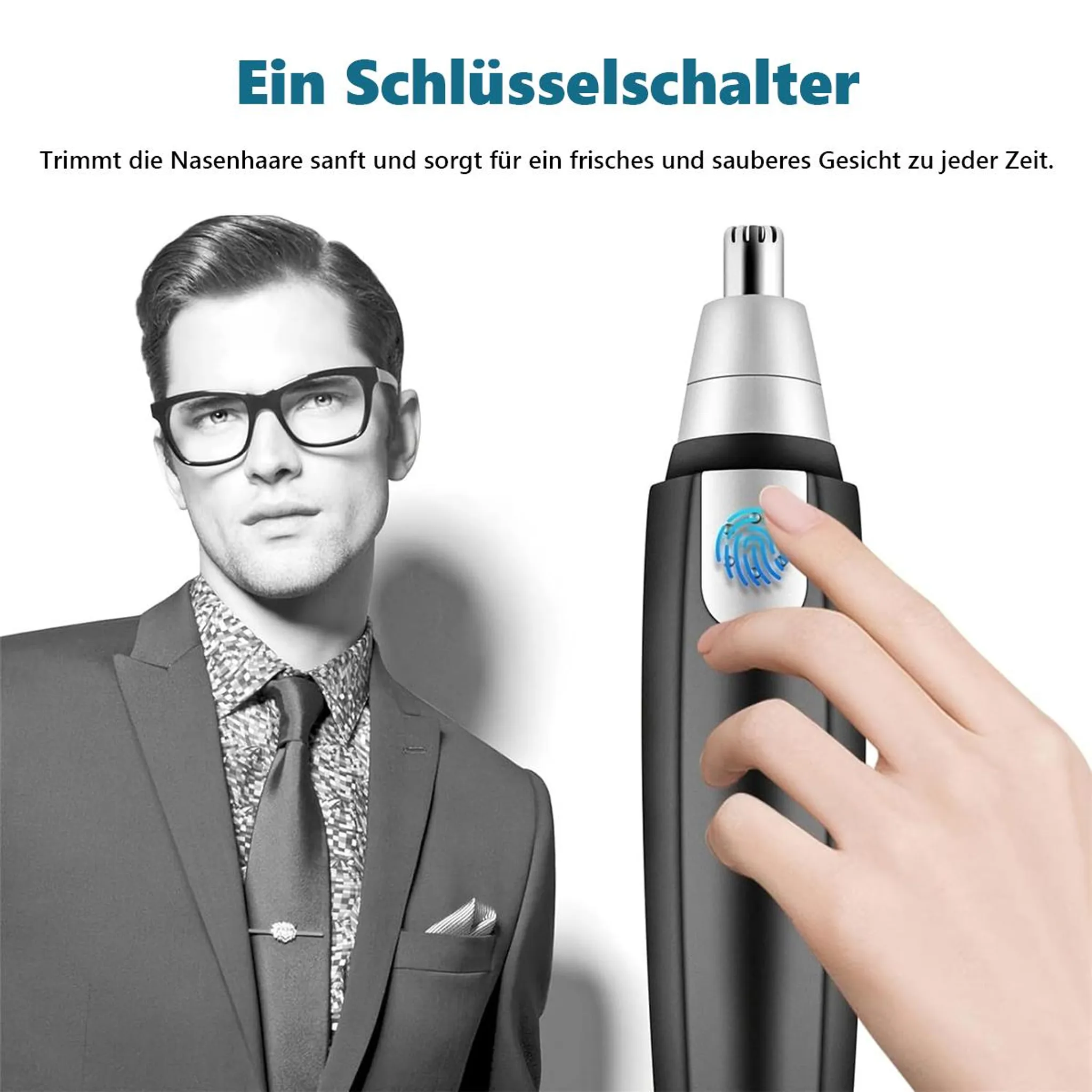 Mann mit Brille und Anzug neben Nasenhaartrimmer, der eingeschaltet wird.