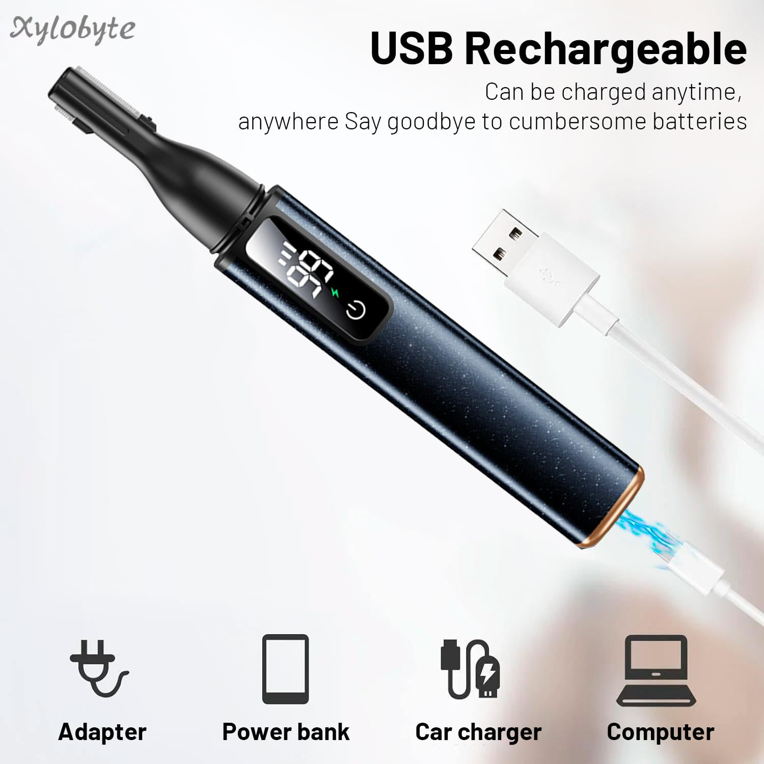 Ein schwarzes USB-Gerät wird mit einem weißen Kabel aufgeladen. Symbole zeigen Lademöglichkeiten.