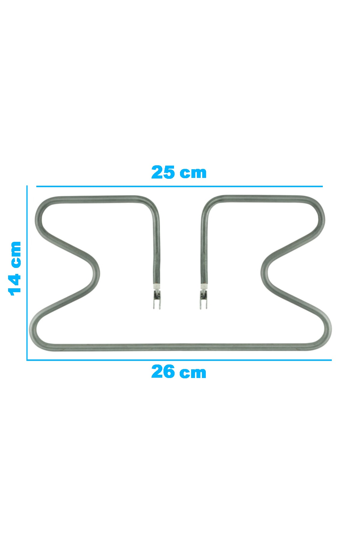 Yalıtımlı uçlara sahip, 25x14x26 cm boyutlarında gümüş ısıtıcı eleman.