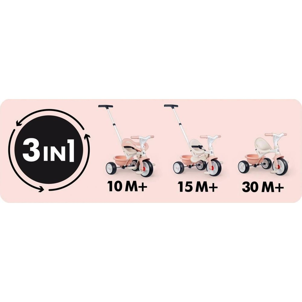 Triciclo rosa 3 in 1: fasi 10M+, 15M+ e 30M+.