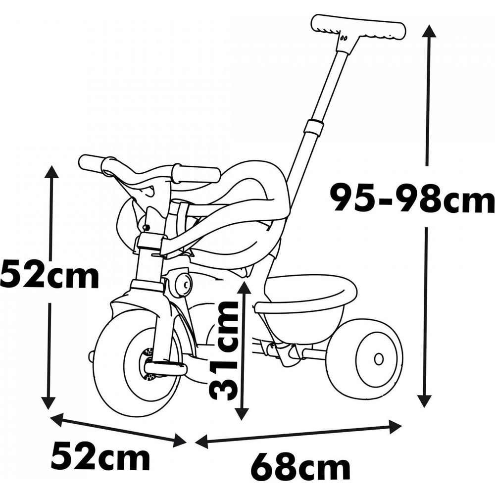 Disegno tecnico di un triciclo con dimensioni: altezza 95-98cm, larghezza 52cm, lunghezza 68cm.