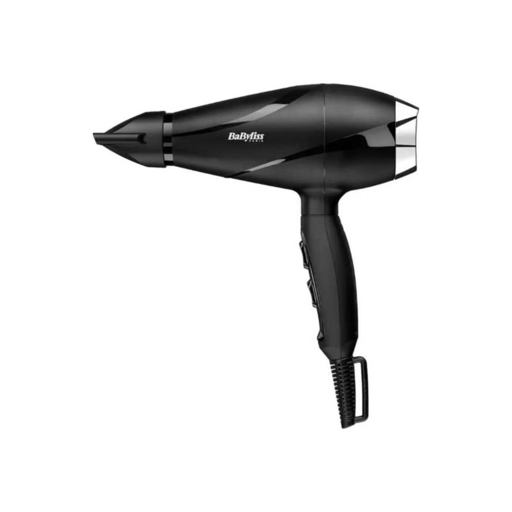 Ein schwarzer Haartrockner von Babyliss mit silbernen Akzenten und einem Griff.