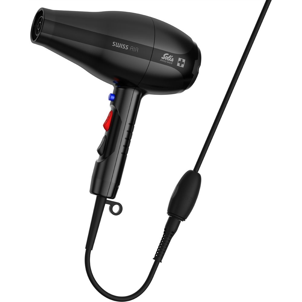 Ein schwarzer Haartrockner mit silbernen Akzenten und einem schwarzen Kabel.