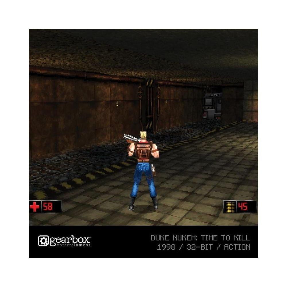 Duke Nukem con una pistola in un corridoio buio, elementi HUD visibili.