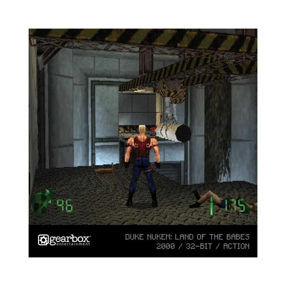 Duke Nukem si trova in un grintoso ambiente industriale. Una figura sconfitta giace a terra.