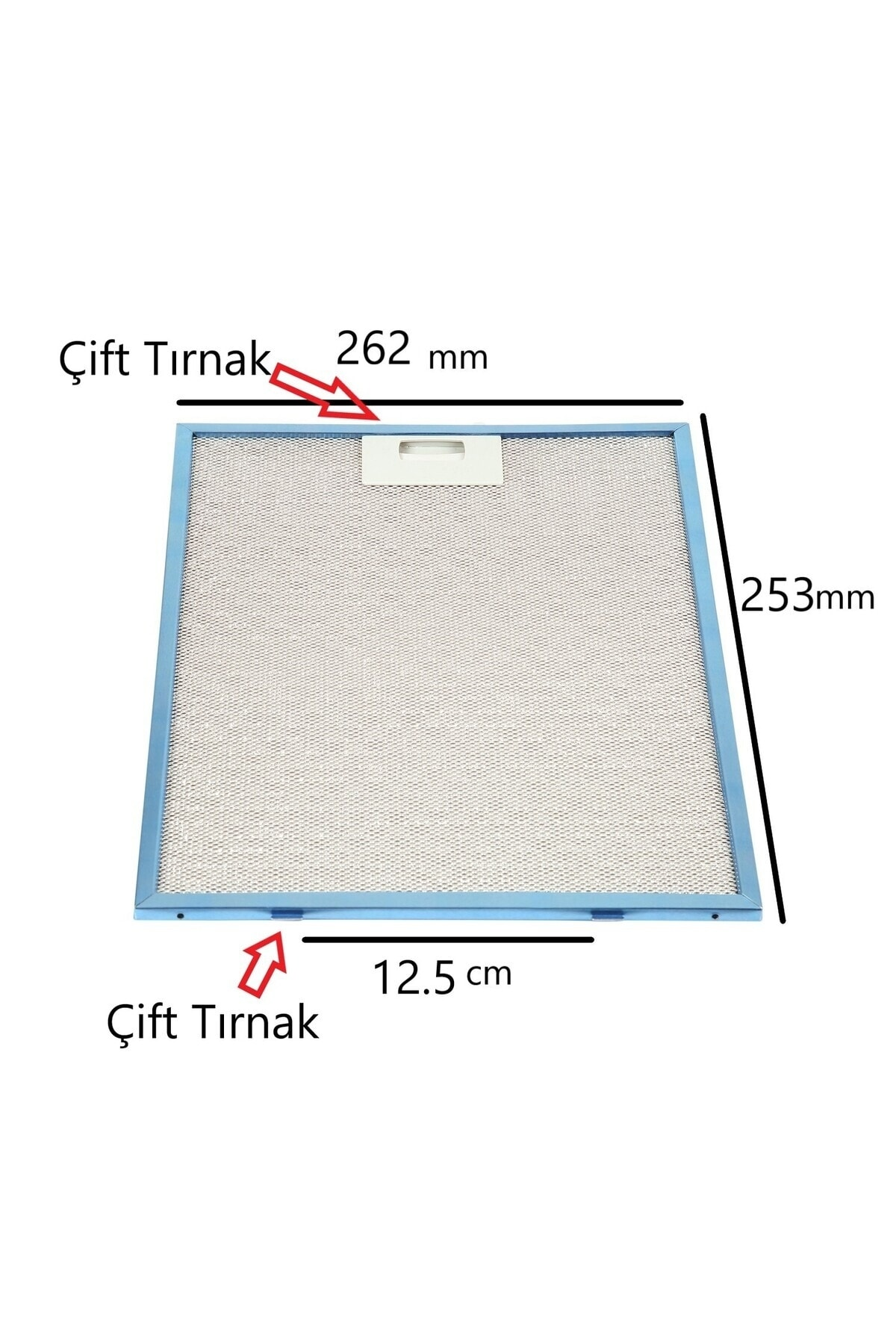 262mm x 253mm ölçülerinde mavi davlumbaz filtresi.