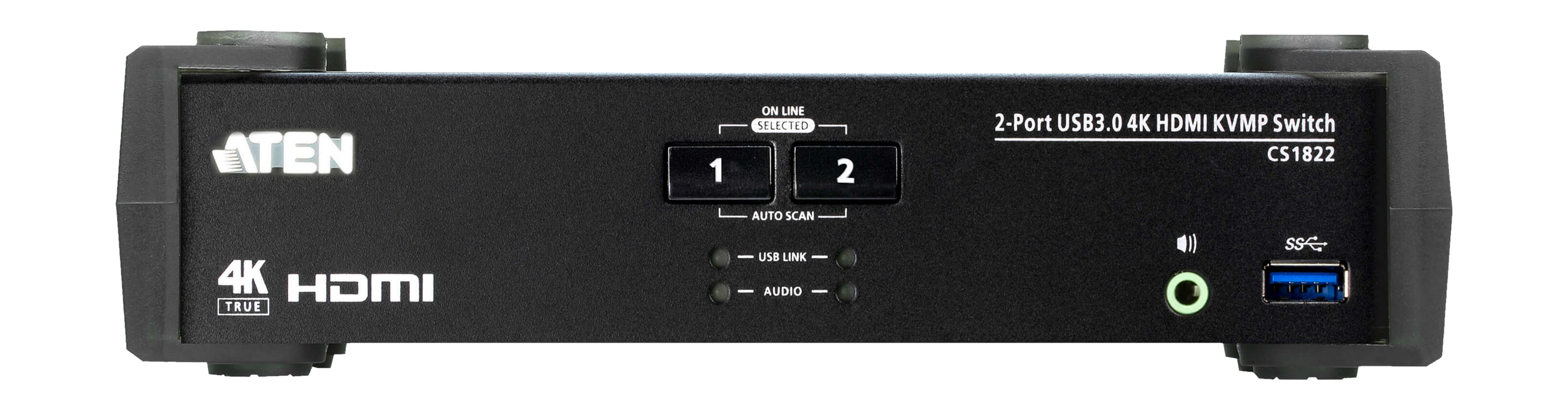 Schwarzer ATEN 2-Port USB3.0 4K HDMI KVMP Switch CS1822 mit Tasten 1 und 2.