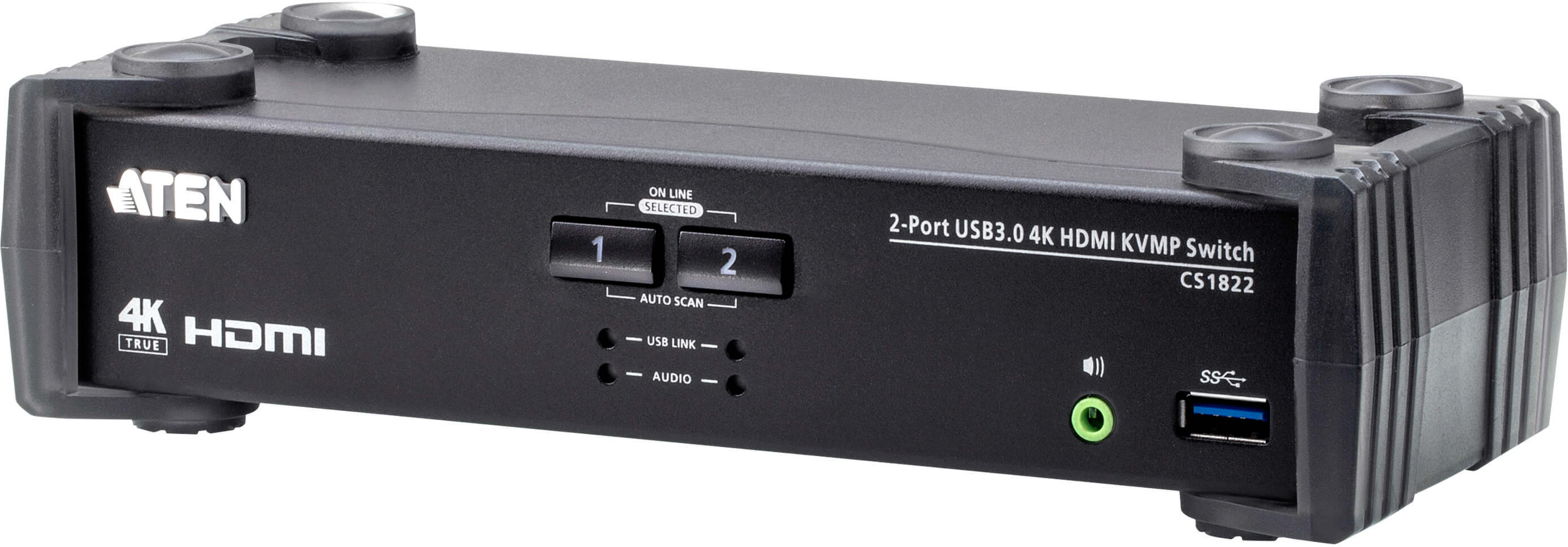 Schwarzer ATEN 2-Port USB 3.0 4K HDMI KVMP-Switch mit Beschriftungen und Knöpfen.