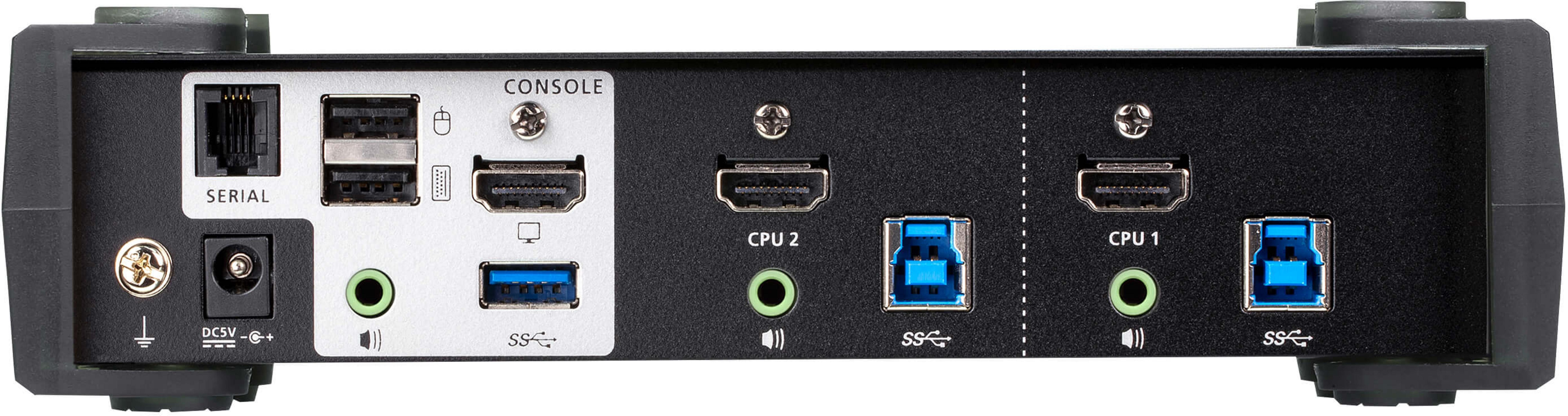 Rückseite eines KVM-Schalters mit Anschlüssen für Seriell, USB, HDMI, Audio und Strom.