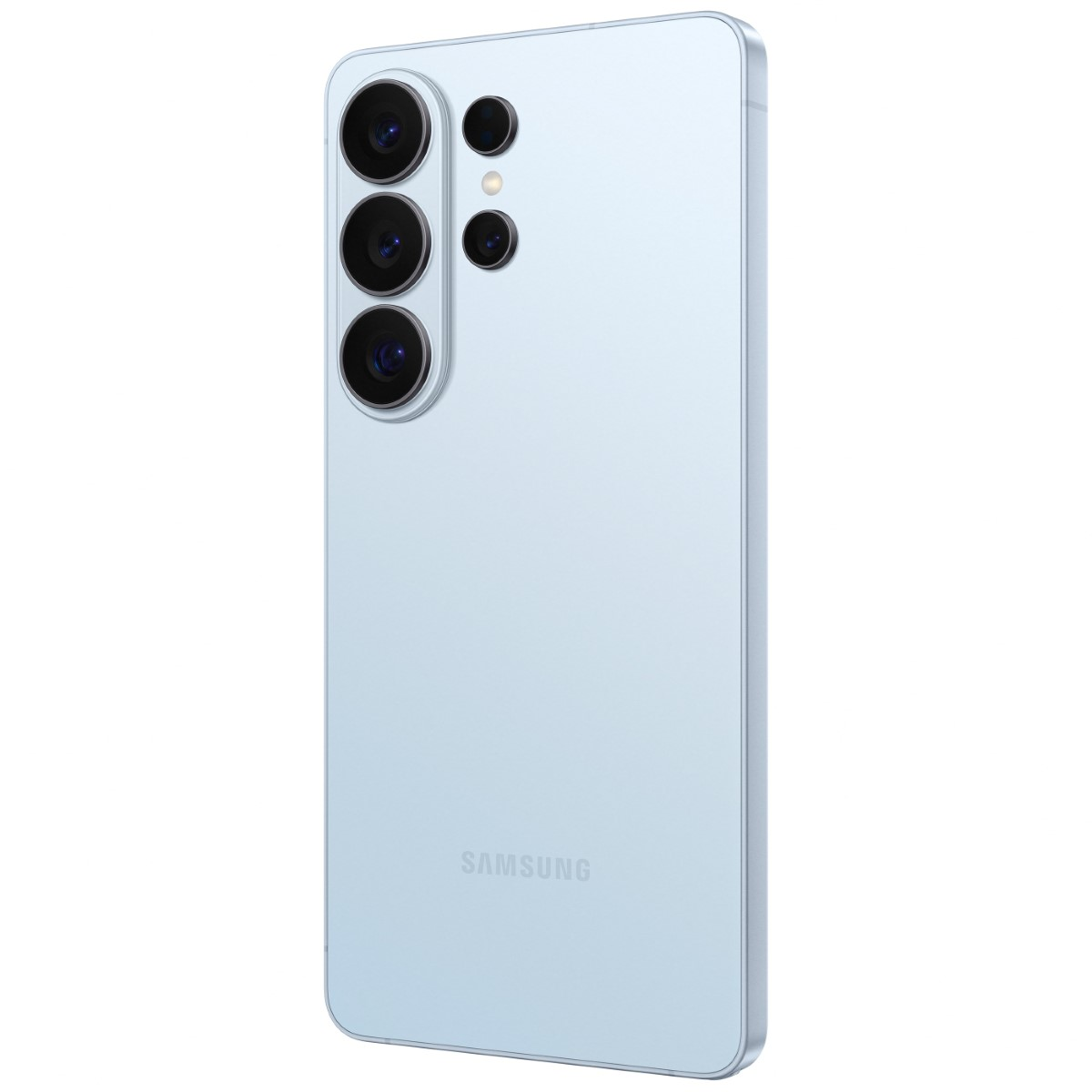 Jasnoniebieski smartfon Samsung z trzema tylnymi aparatami. Widoczne logo Samsung.