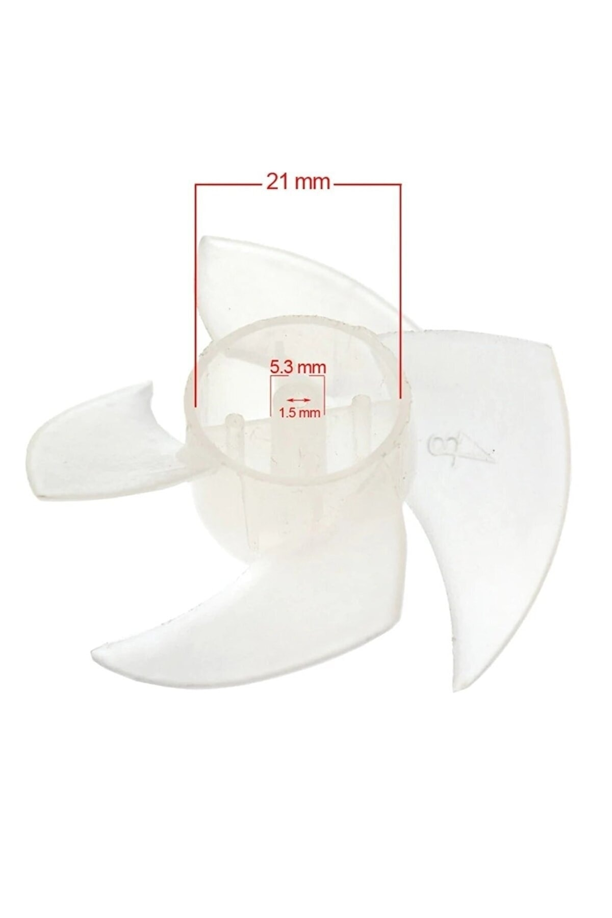 21 mm, 5,3 mm ve 1,5 mm boyutlarında beyaz, 3 kanatlı pervane.