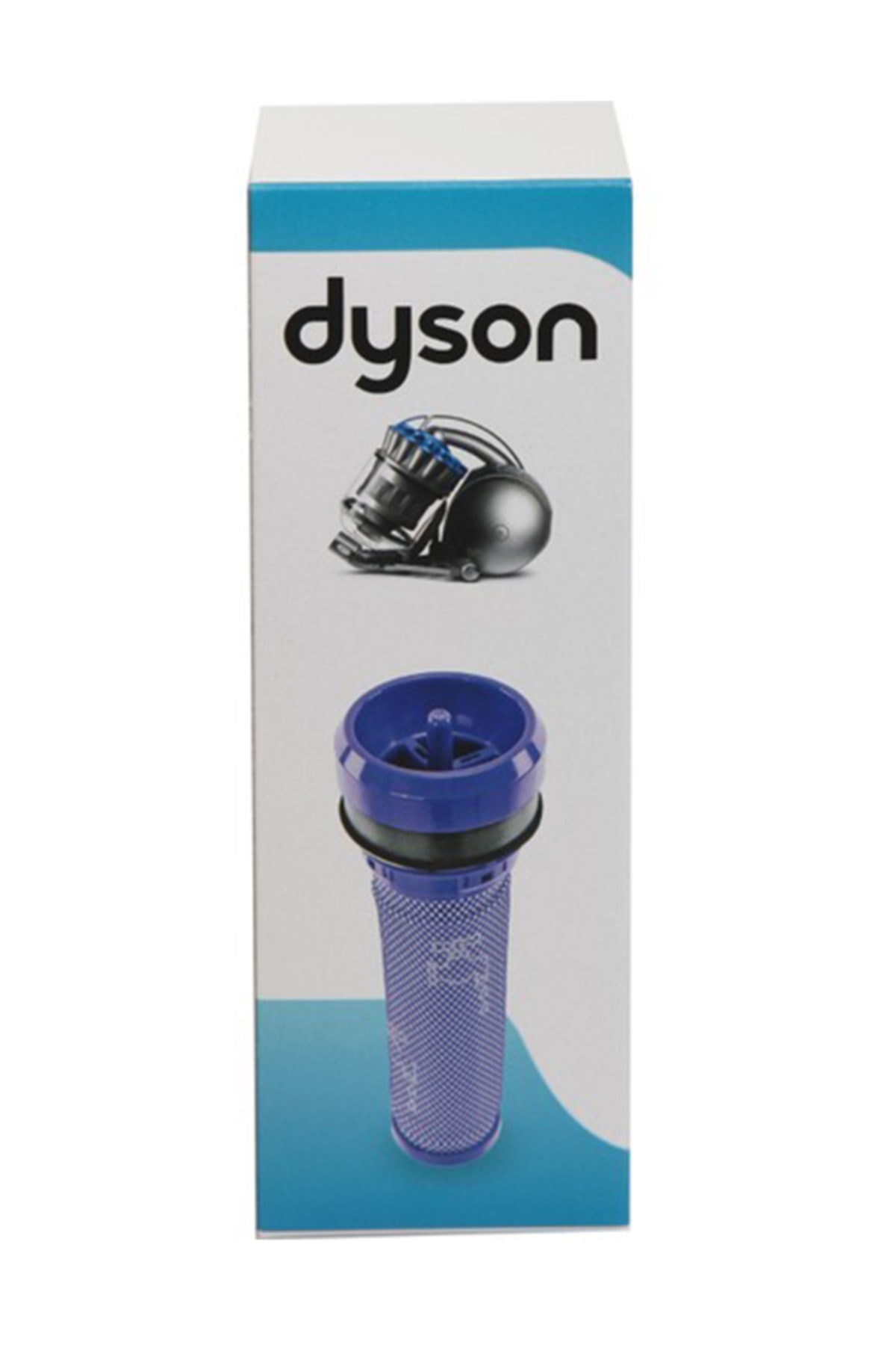 Dyson ambalajı, elektrikli süpürge modeli ve mavi filtre gösteriyor.
