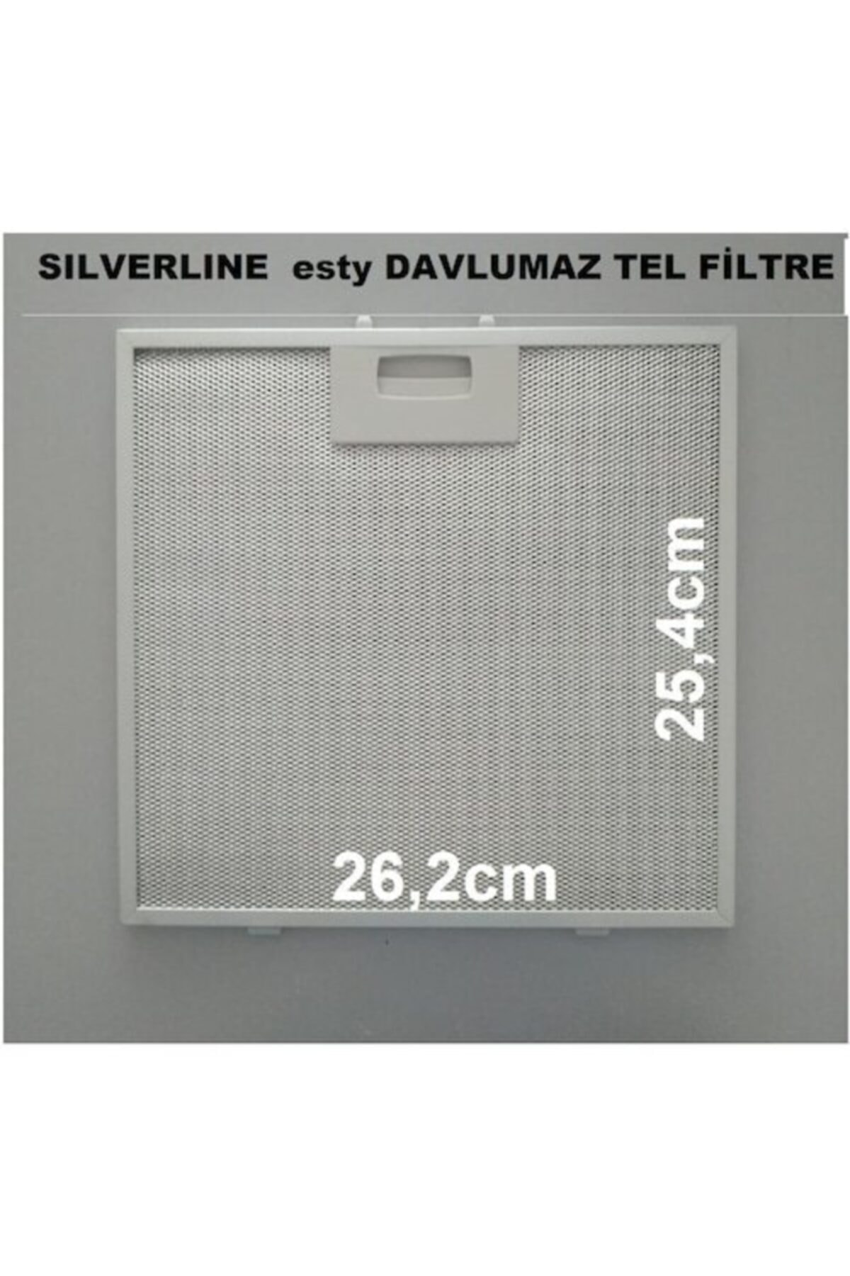Gümüş renkli metal davlumbaz filtresi, 26,2 x 25,4 cm boyutlarında.