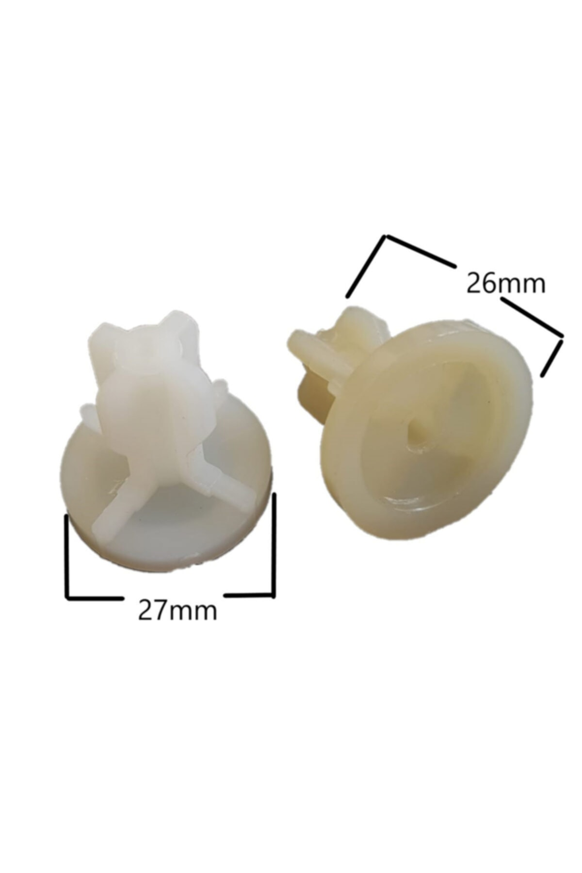Boyutları belirtilmiş iki beyaz plastik klips. Biri 27mm, diğeri 26mm.