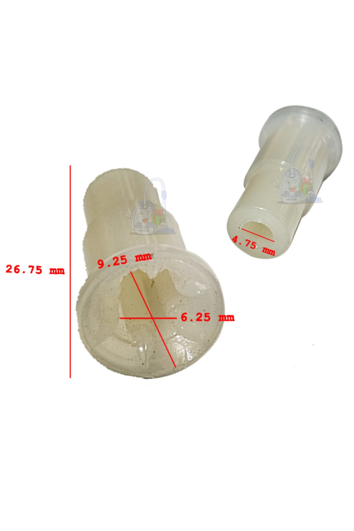 İki beyaz plastik parça, biri 26,75 mm, 9,25 mm, 6,25 mm ölçülerinde.