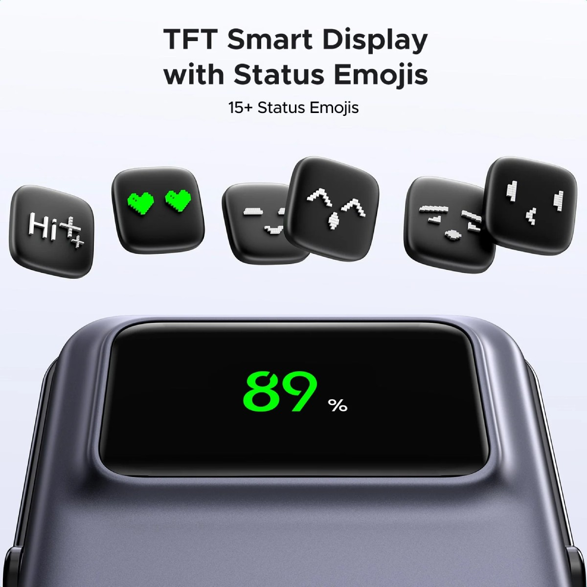 Inteligentny wyświetlacz pokazuje 89%. Powyżej są ikony emoji.