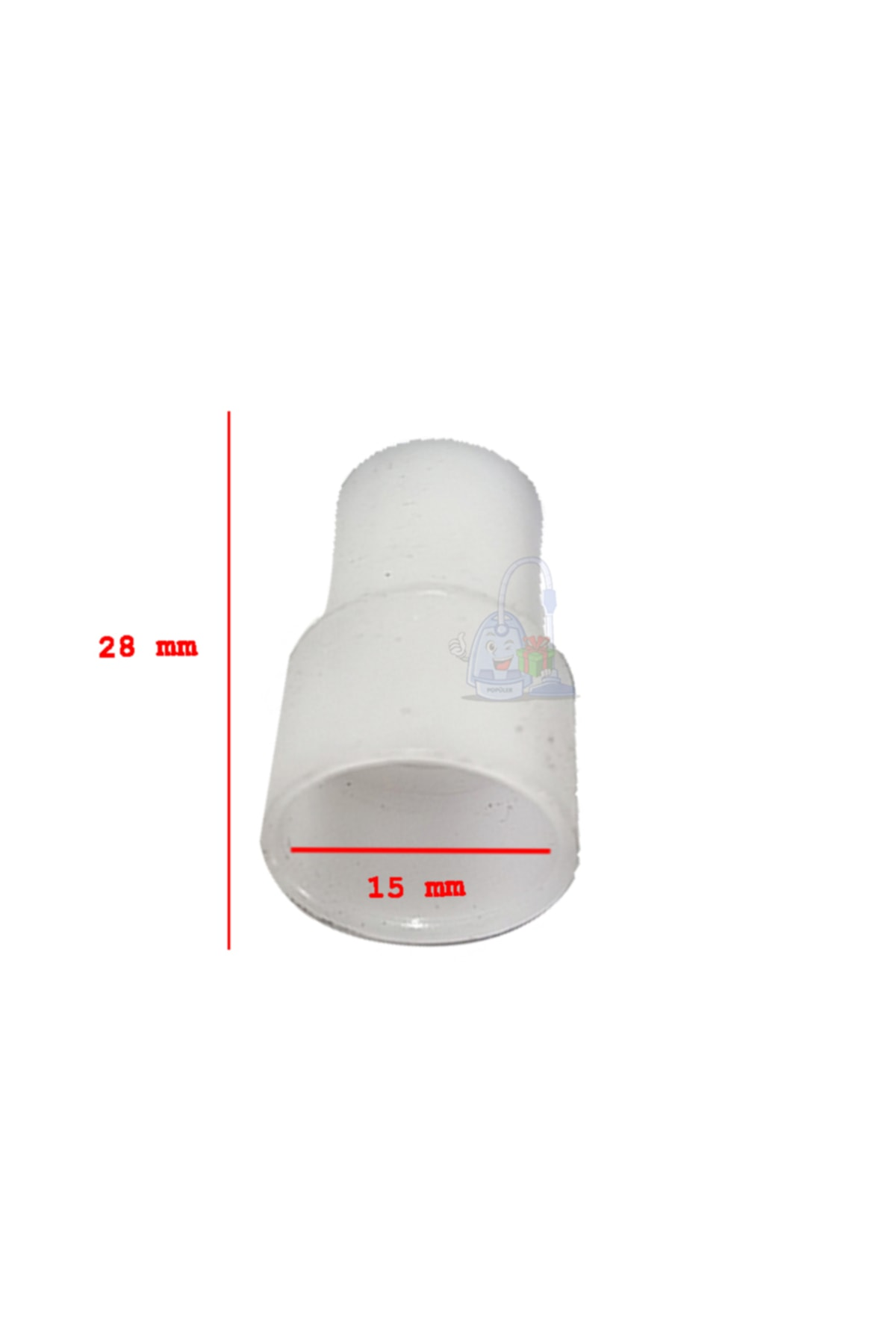 Beyaz plastik adaptör, 28 mm uzunluk, 15 mm genişlik.