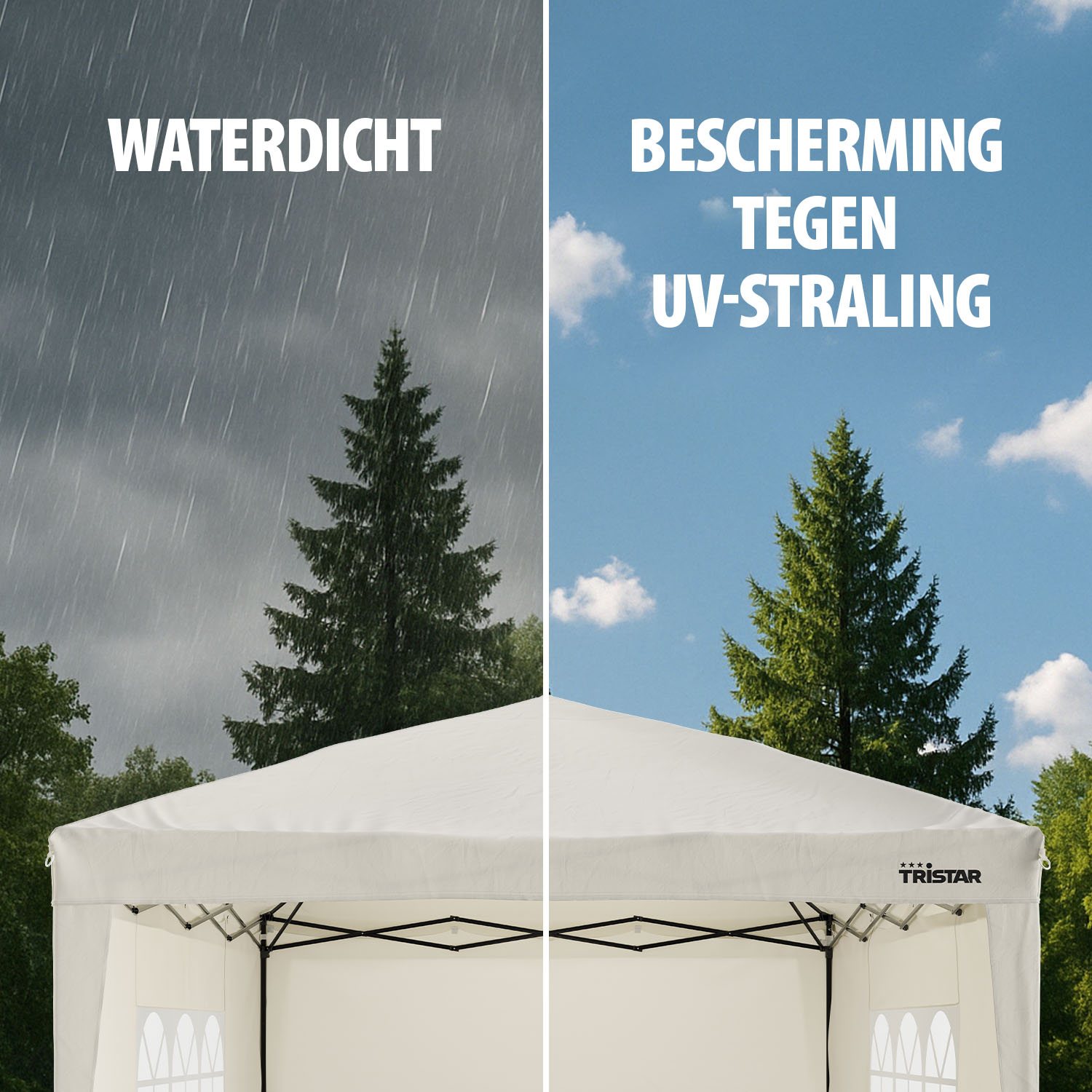 Gesplitst beeld: regen links, zon rechts, boven witte tent.