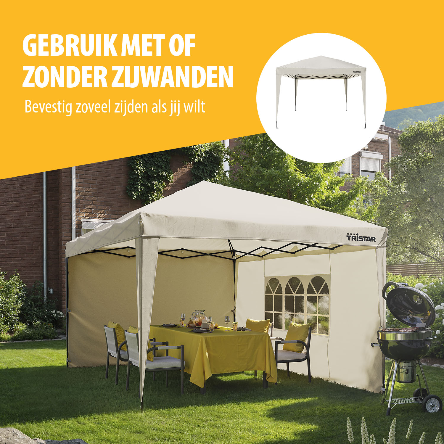 Een paviljoen met zijwanden staat in een tuin. Een gedekte tafel en een grill staan ernaast.