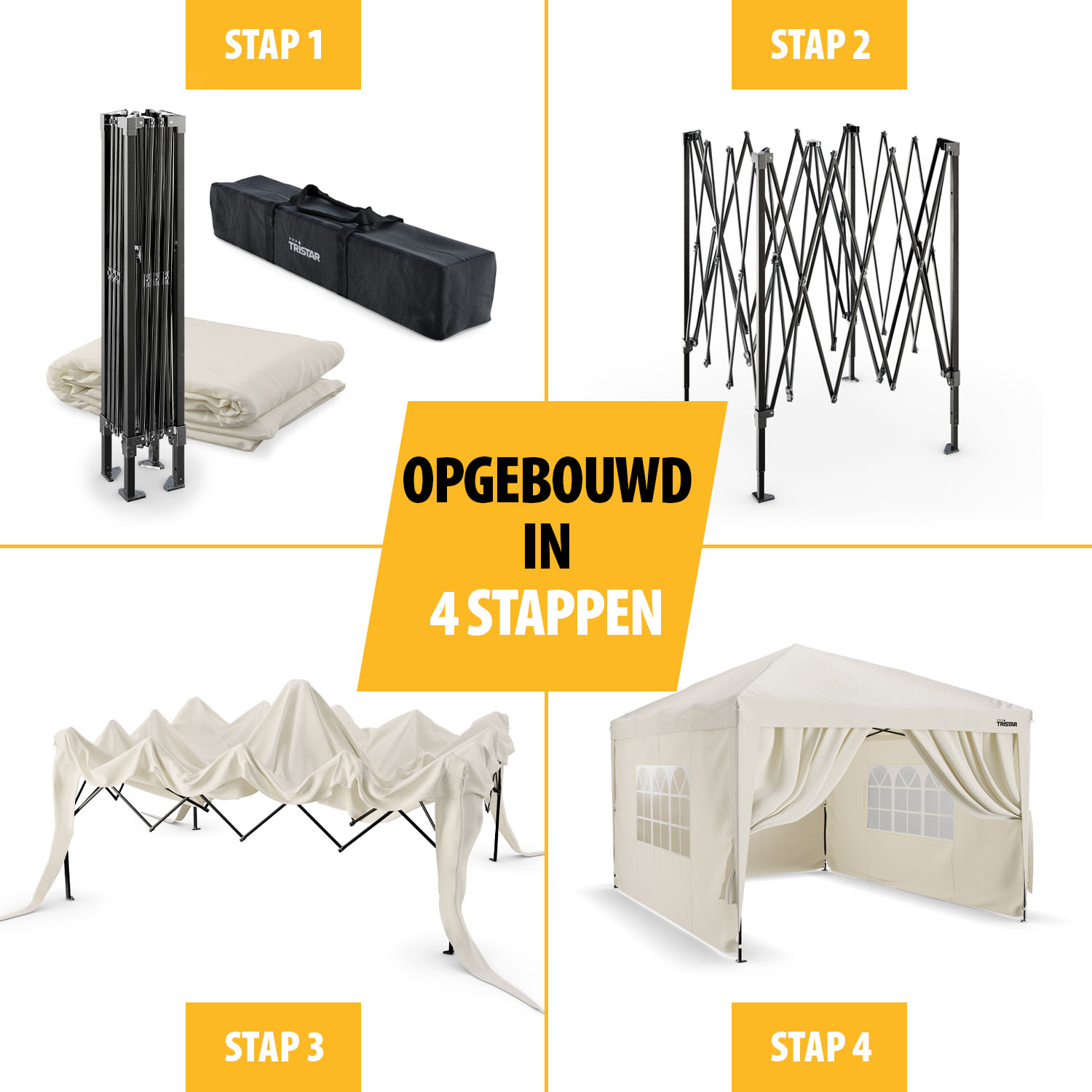 Vier stappen voor het opzetten van een partytent: opgevouwen, frame uitgeschoven, met stof bedekt, opgebouwd.