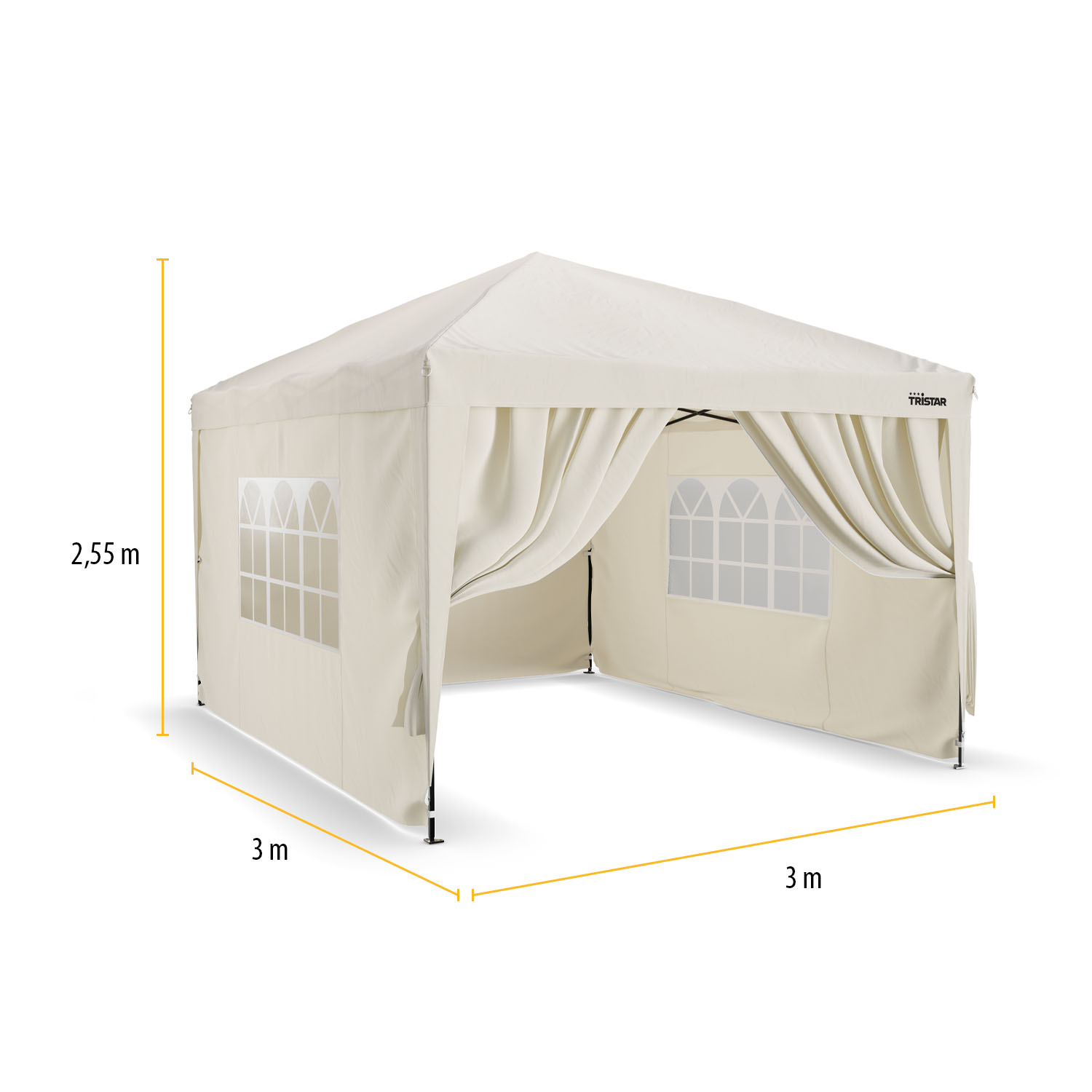 Beige partytent met ramen en gordijnen, 3m x 3m, 2,55m hoog.