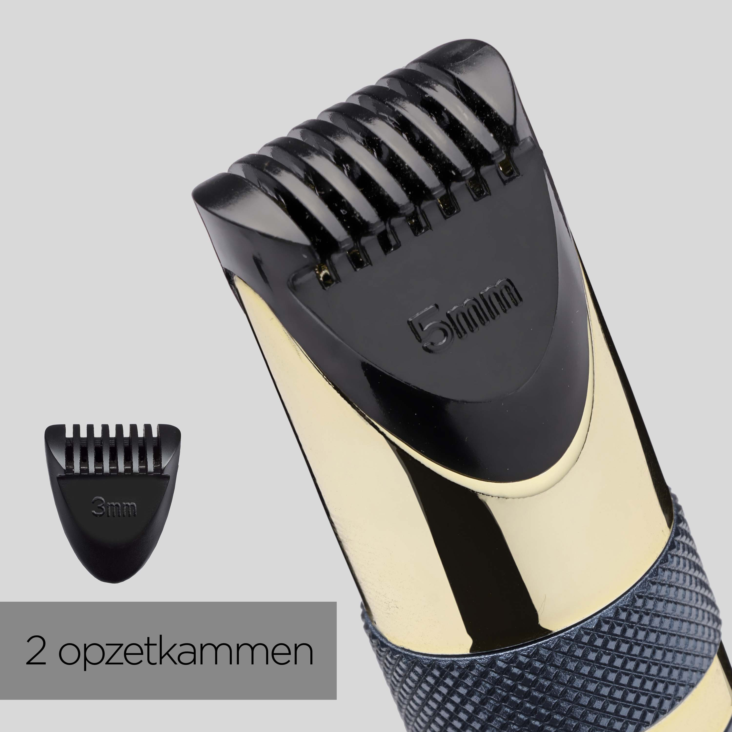Primo piano di un rifinitore oro e nero con accessori da 3mm e 5mm.