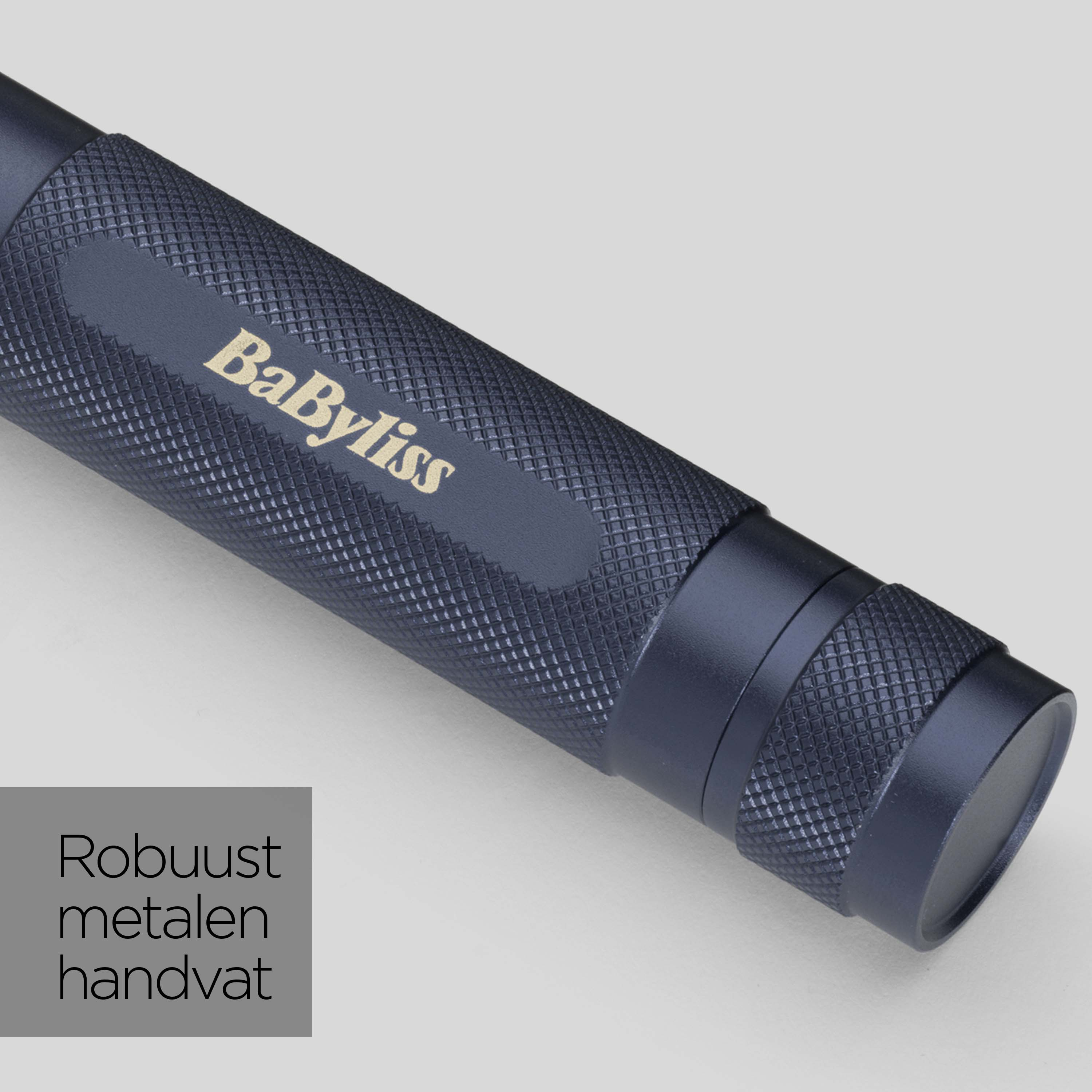 Manico blu scuro con motivo a rombi e logo BaByliss.