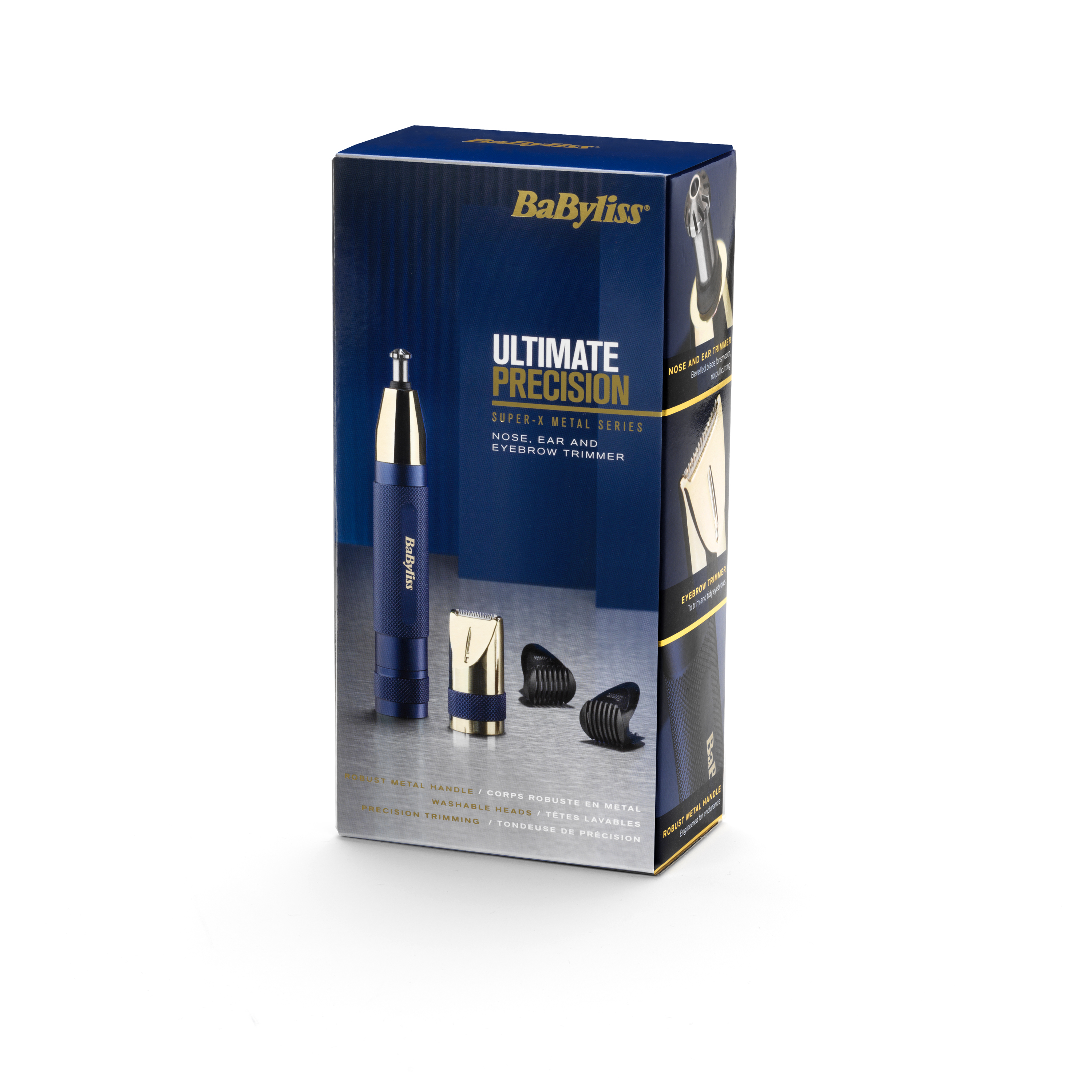 Un rifinitore BaByliss blu e oro sulla sua confezione.