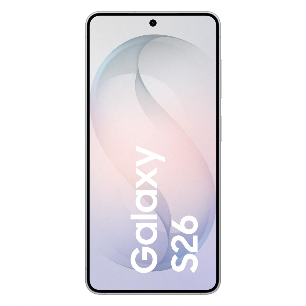 Srebrny smartfon z napisem Galaxy S26 na ekranie.