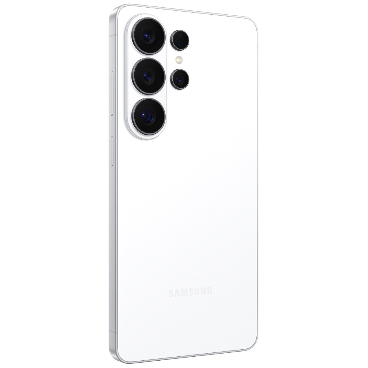 Biały smartfon Samsung z czterema aparatami z tyłu.