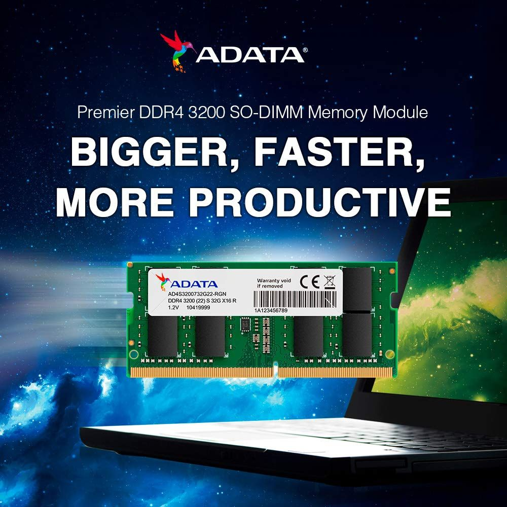Moduł pamięci ADATA Premier DDR4 3200 SO-DIMM na laptopie, reklamujący większy, szybszy, produktywny.
