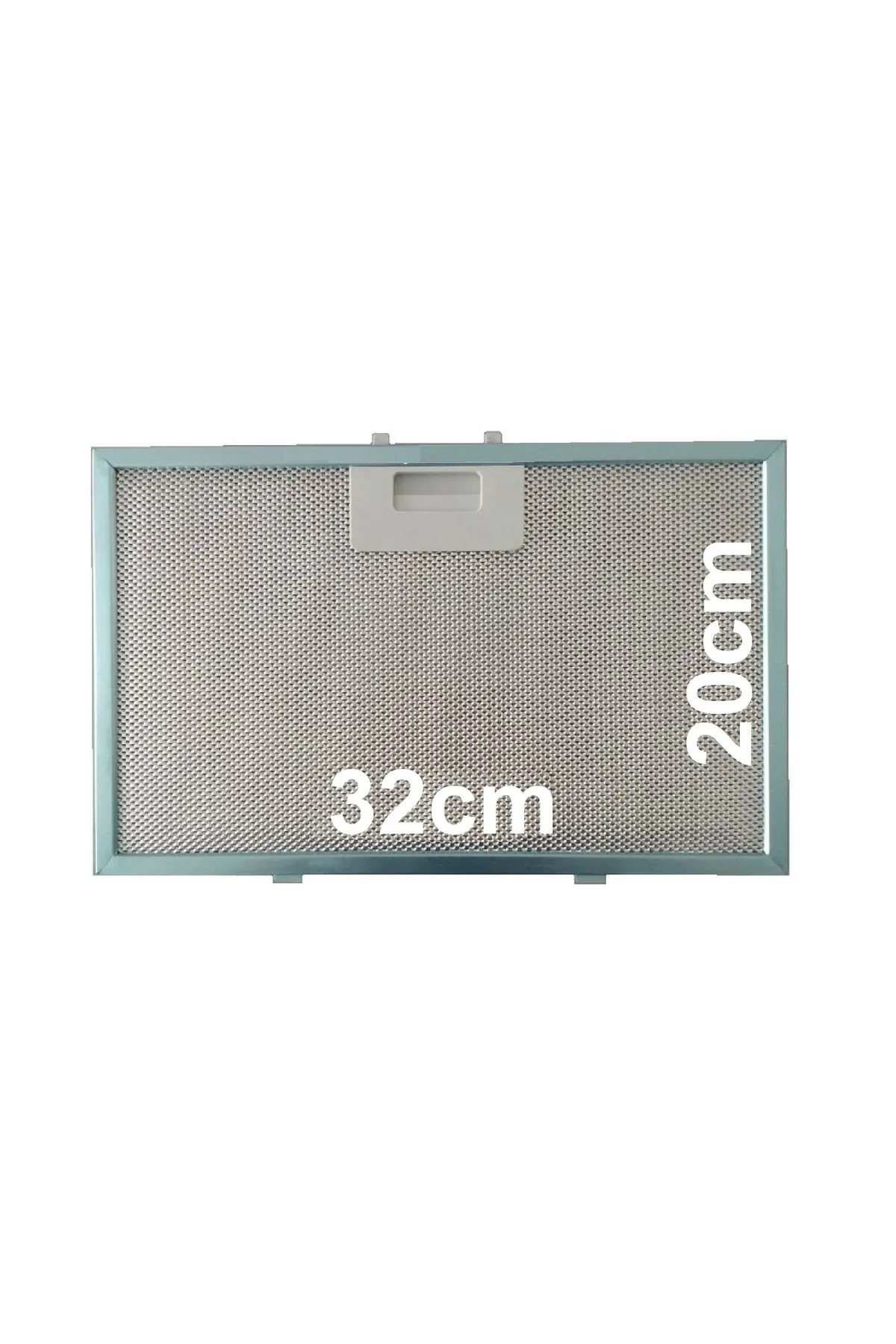 Dikdörtgen metal davlumbaz filtresi, 32 cm genişlik, 20 cm yükseklik, kulplu.