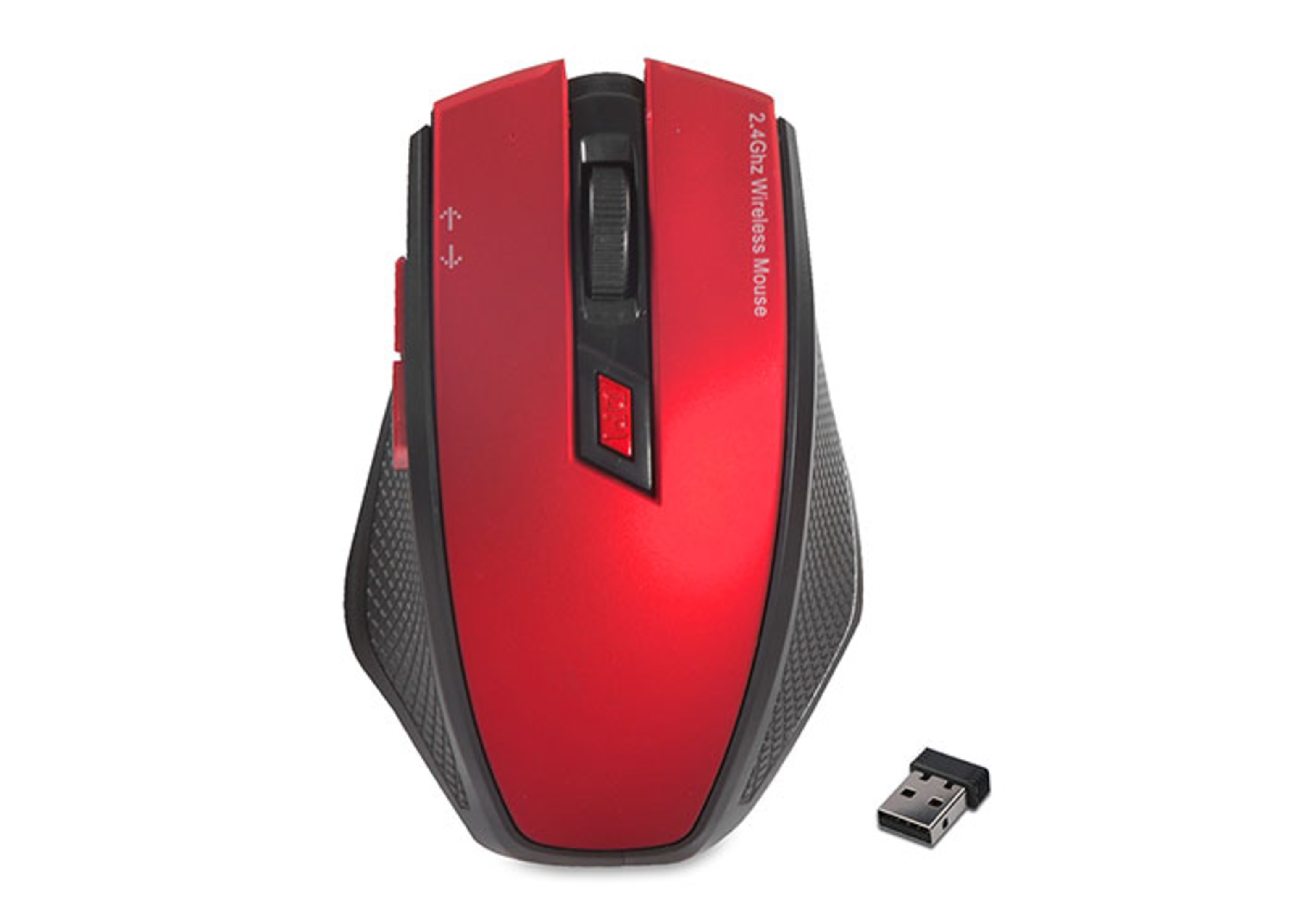 Kaydırma tekerlekli ve USB alıcılı kırmızı kablosuz fare.