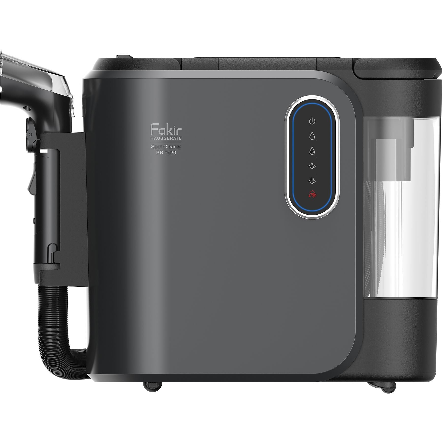 Ein grauer Fakir Spot Cleaner PR 7020 mit einem transparenten Tank und Schlauch.