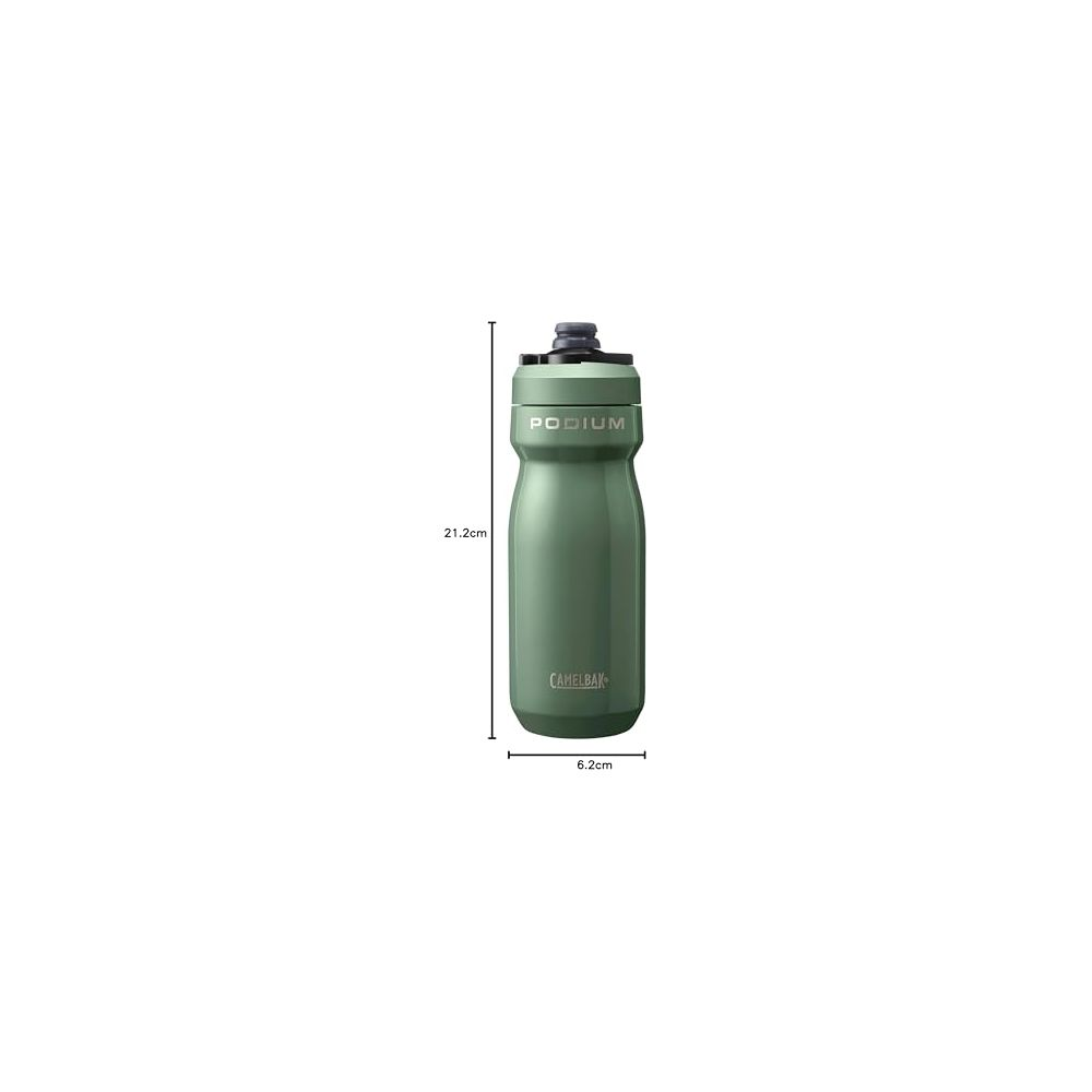 Grüne CamelBak Podium Trinkflasche, 21,2 cm hoch, 6,2 cm breit.