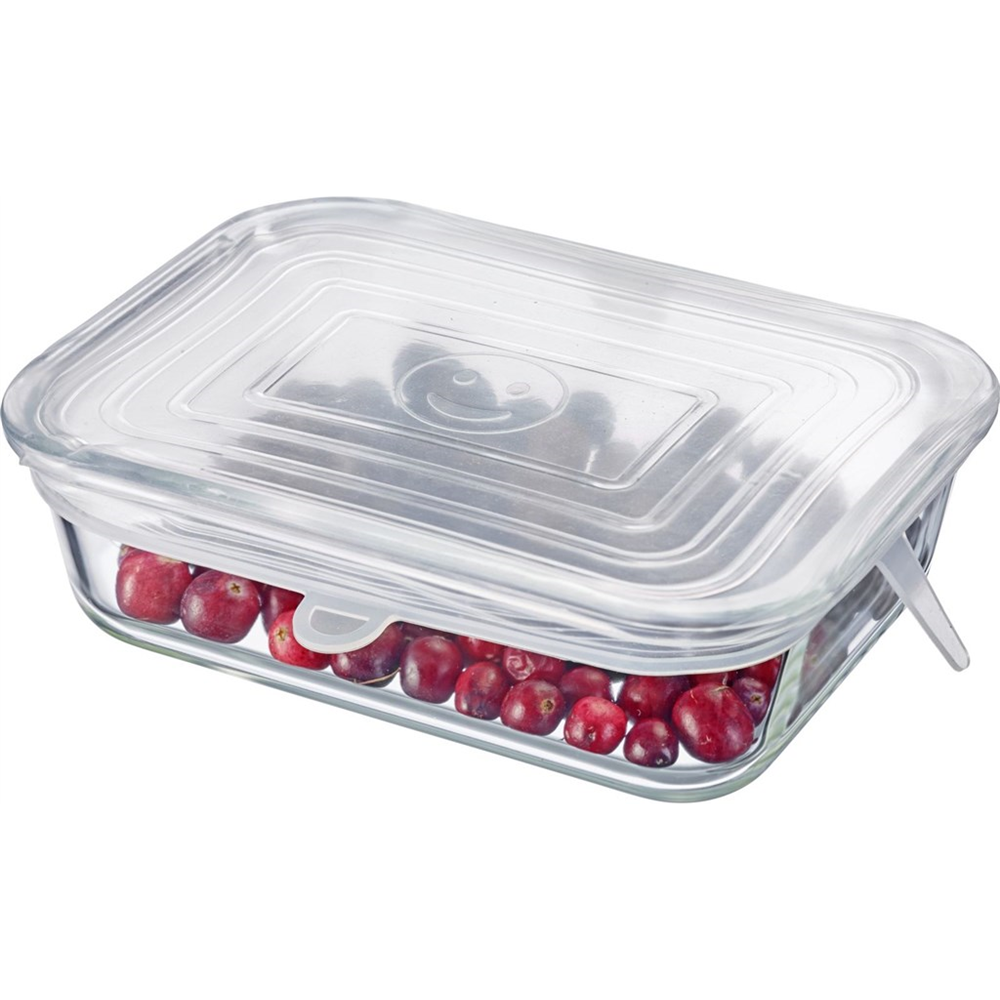 Glasbehälter mit rotem Obst und lächelnder Deckelprägung.