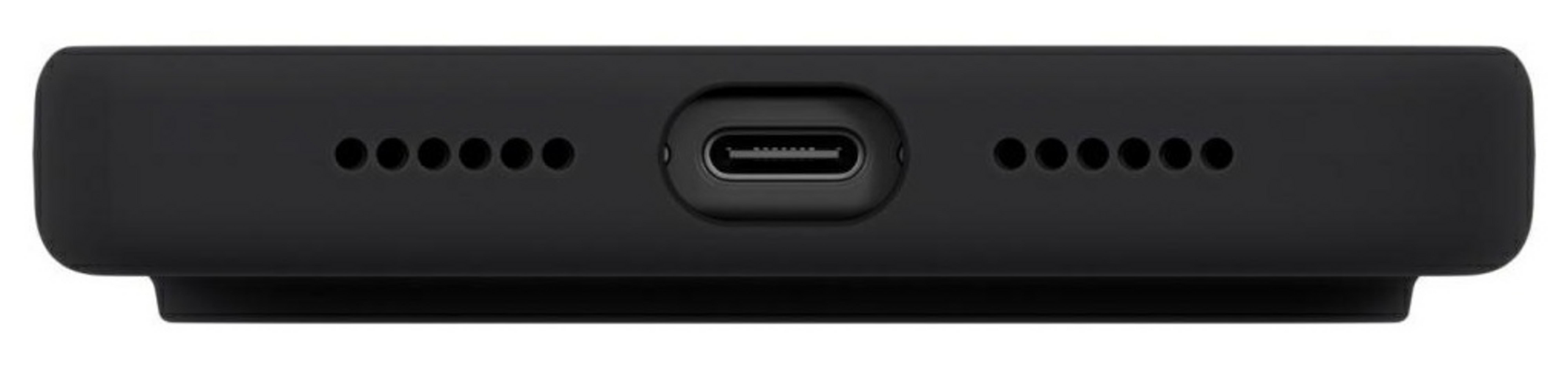 USB-C bağlantı noktalı ve hoparlör ızgaralı siyah kılıf.
